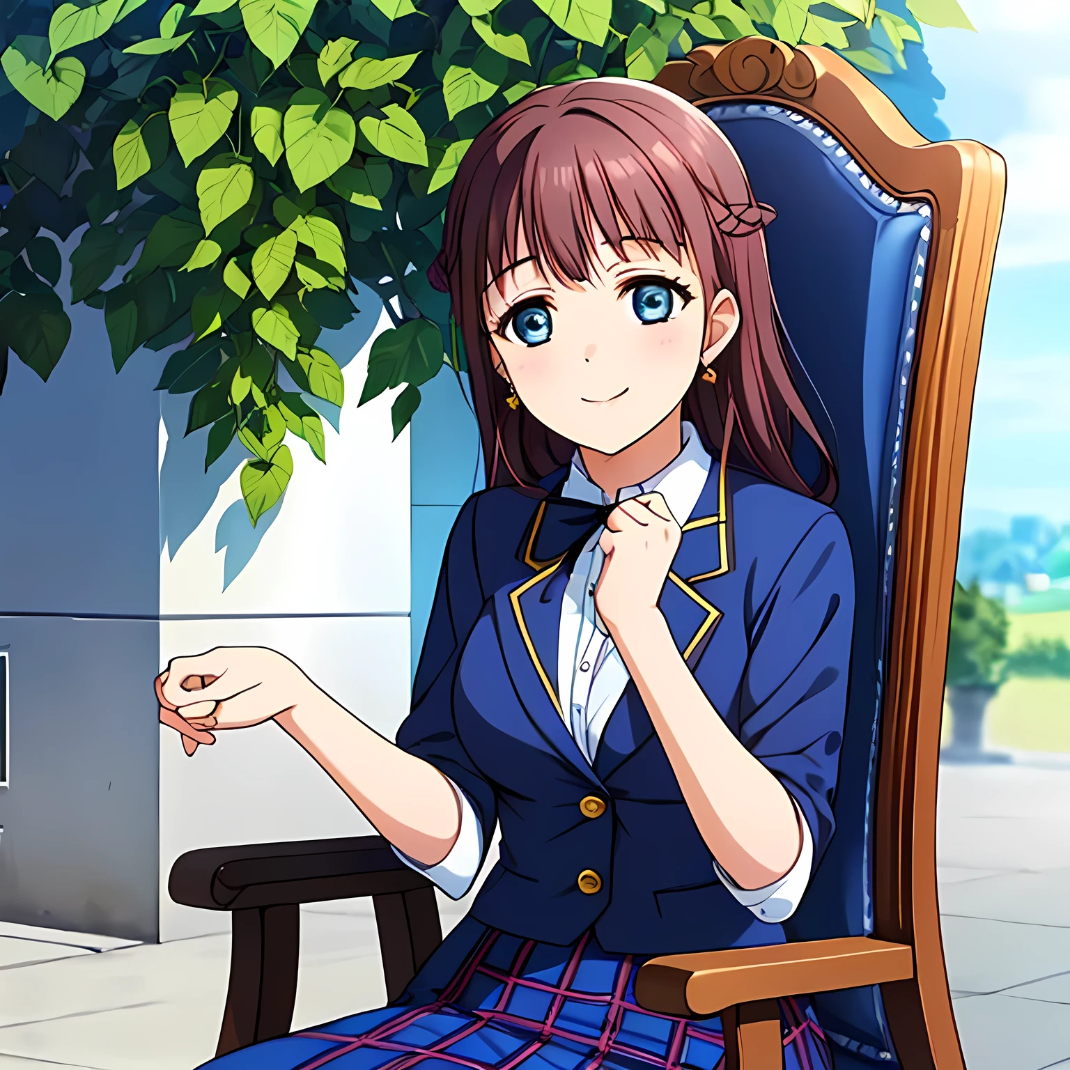 highest quality, (masterpiece:1.2), Very detailed, ((((Game CG)))), ((((A portrait by Renoir of a very noble lady in a , sitting in a chair, in profile.)))), ((The girl everyone loves)), ((((Very beautiful, wavy, long flaxen hair)))), ((((Navy blue blazer)))), ((((Elegant dark navy blue checked skirt)))), ((((Very beautiful and shining eyes)))), ((Very long eyelashes)), A big white ribbon on the chest, ((A refined and elegant look like a noble princess)), (((Beautiful and great smile))), Small face and great posture, ((Give the viewer a heavenly feeling of happiness)), (((Blur the background))), ((Very noble and elegant face)), ((Slender and shapely breasts)), (((Looking into the distance))), The background is a wall covered in deep green ivy., Heart-shaped gold hair ornament and earrings