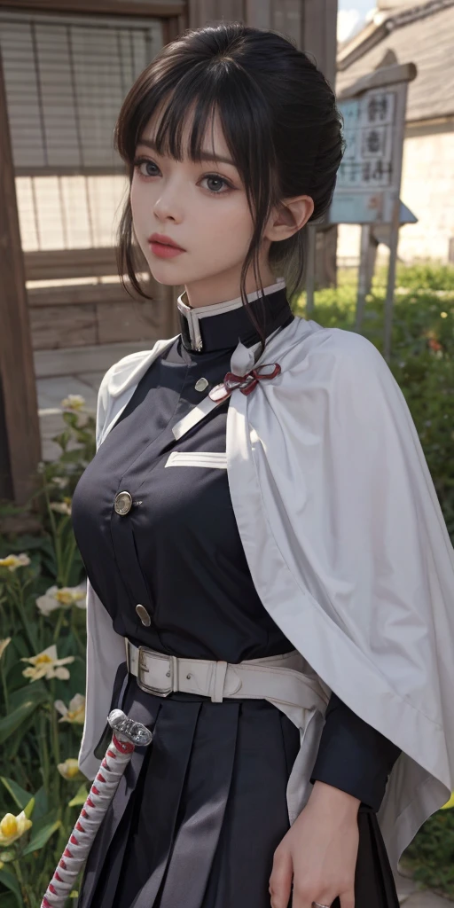 Hyper-realistic 8K CG,masterpiece,((Very detailed background, Exquisite pattern, Intricate details)),最high quality,very detailed face,Very detailed eyes和脸部,非常に細かい目Hyper-realistic 8K CG, masterpiece, closure, beauty, From the front, face sticking out, (Very detailed background, Exquisite pattern, Intricate details)), high quality, Highly detailed face, Very detailed eyes and 顔, Very detailed eyes, A girl, Lilium chinense, (((Bangs Patterson))),(((Side Mao Insult))),(( Demon Slayer Uniform:1.4)), Butterfly Hair Accessories,,( white belt), (cape, white cape),, (black jacket), (Pleated Skirt), belt, (Black skirt), knee, Buckle up, Sword sheathed, belt Buckle up, (Black shirt:1.0), Sunlight, Tyndall effect, Sword on waist,(garden:1.2),western saber,Seductive pose, Giant , close up,sparse field,(Straight bangs:1.4), (Bangs:1.4), Natural Makeup,