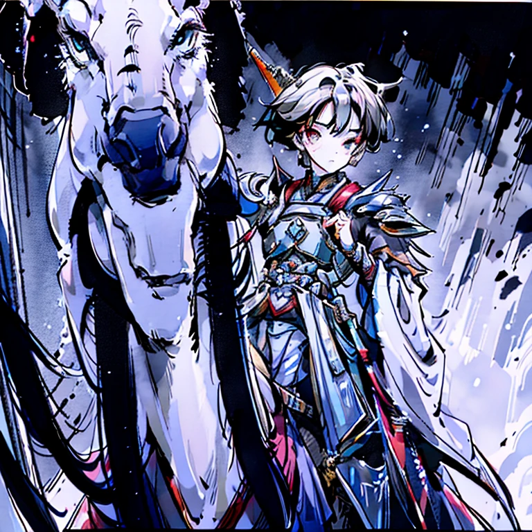 Boy Lang,Holding a spear,On the station,Eyes and eyebrows are picturesque,Dressed in armor,Riding a horse,Charge,(best quality),HD,landscape painting