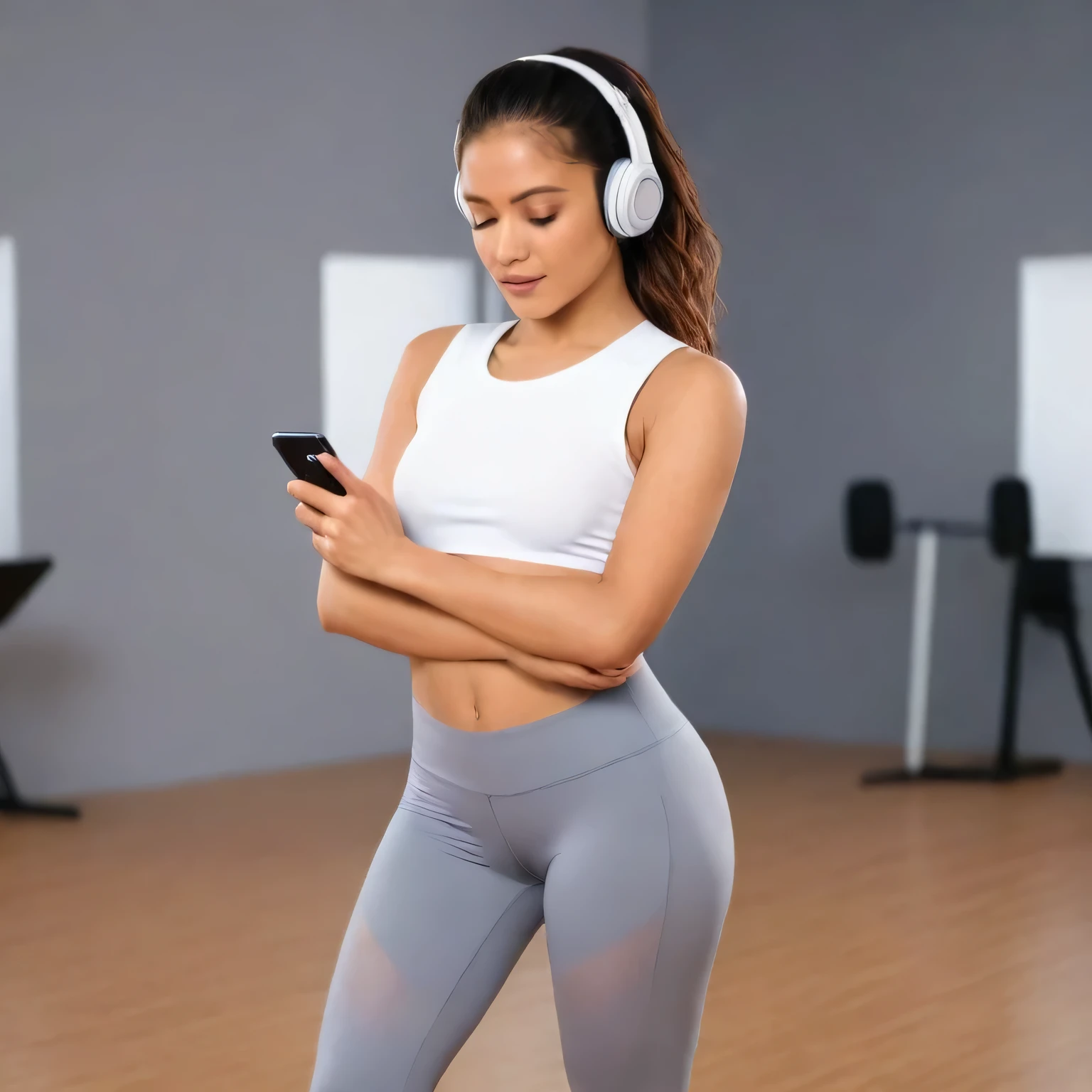 (Latin woman, wearing headphones, focused in a dance studio, looking down at her phone, white sleeveless half shirt, gray leggings),illustration,detailed background,professional lighting,stunning colors,ultra-detailed,photorealistic,bokeh, toned arms and abs