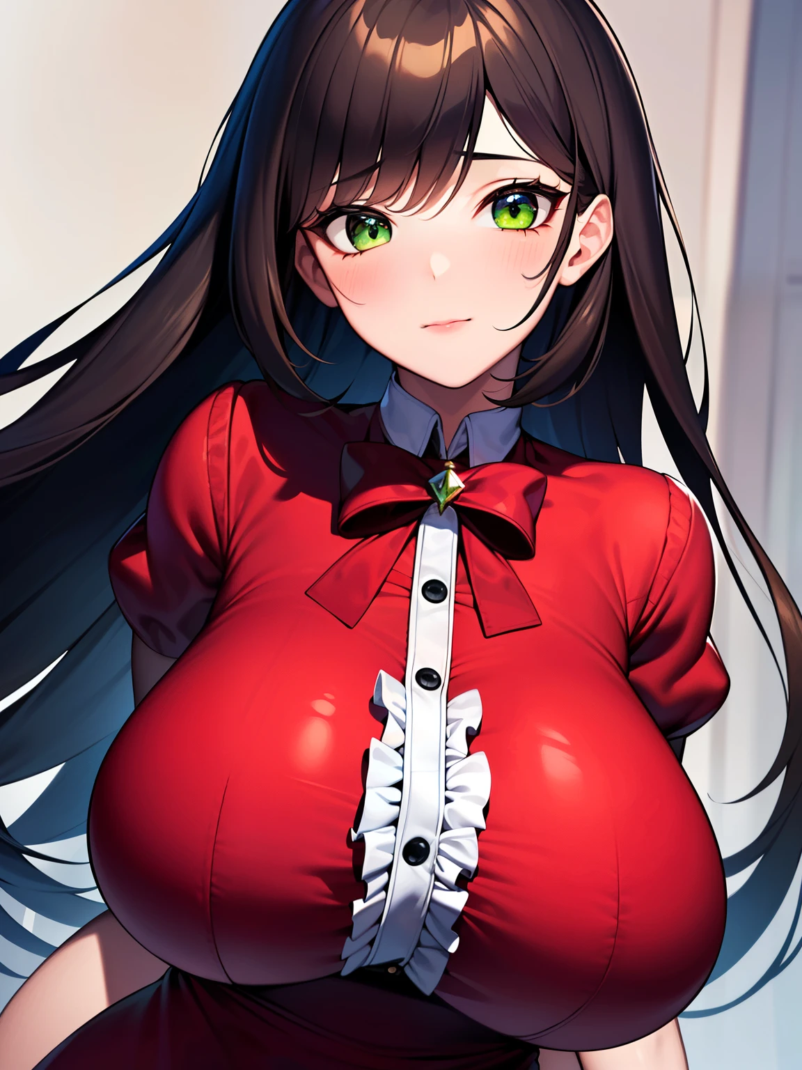 (8K, Best quality, tmasterpiece:1.2),\(eye detailed\),(\(Clothes detail details\)\),full bodyesbian,(huge tit),(Facial focus) ,Very detailed CG unity 8K wallpaper,hugefilesize,ultra - detailed,A high resolution,absurderes,beautidful eyes,Ray traching,dramatic shadow,finely detailled,Dramatic angles,Hyper-detailing,(1 girl:1.3),(Solo),,Mature female,Long hair black,Green eyes,Wearing(cosplaying_magical girl,very cute red dress with ruffles,Large Ribbon Bow Tie Back),