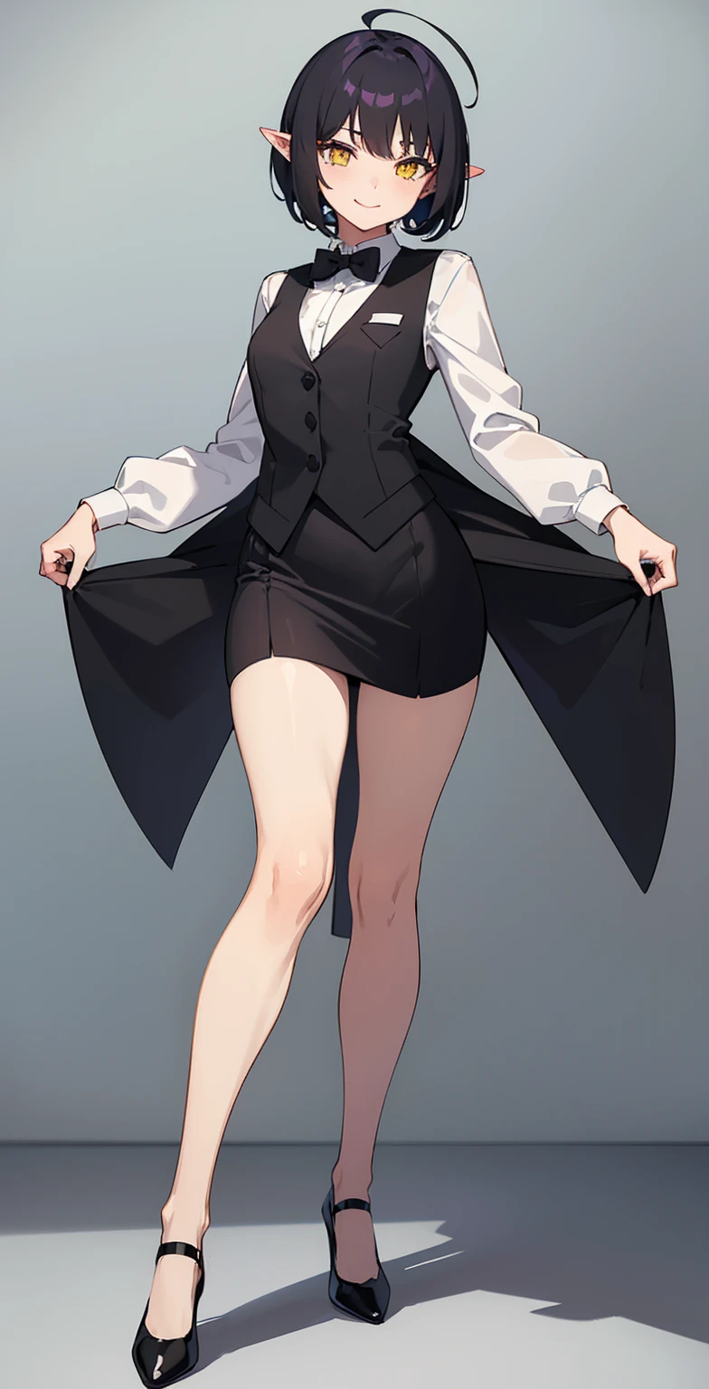 Simple Green Background, (whole body, upright,Wearing pumps), Young girl, cute、One Girl, 紫がかったBlack Hair、Purple glowing hair、Black Hair、Short bangs、(紫がかったBlack Hair, Short hair to the shoulders, Hair between the eyes, Ahoge), (Yellow Eyes), (Pointy Ears), ((Office Suits)), White button-up shirt, Black stiletto heels, Black vest,Black slit skirt, Black bow tie, Wear pumps), smile, One Girl,masterpiece, high quality, whole body, Are standing,Facing forward,Simple white background