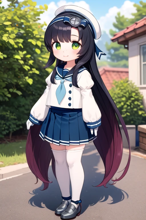 highest quality, masterpiece, Very detailed, One girl, alone, smile,
settlement, freckles, Very long hair,
, Sailor's hat, Blue Ribbon,  Blue sailor collar, Blue neckerchief, Juliet Sleeve, Long sleeve, White gloves, Blue Skirt, Pleated skirt, Knee-high, 白いshoes下, shoes, Grey footwear,
Outdoor,