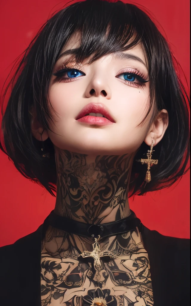 Close-up portrait of a whimsical Gothic 80's grunge punk rocker girl with liquid red cherry jelly, white dahlias and black roses , with vibrant black hair, radiant skin adorned with sugar skull makeup an red cherry jelly under her eyes, and glossy full lips. Tattoos that tell tales in ink spread over her neck. She wears golden upside down cross earrings, adding a touch of beautiful elegance. The expression is dreamy and radiant, eyes gazing upward, reflecting a story of desire yet to be told. The background is a soft hazy florescent bioluminescent violet blue over black, complementing her lively yet serene visage. Style: hyper-detailed, soft pastel aesthetic with a touch of sparkle. uhd, dslr, high quality, film grain, intricate detail, hdr, subsurface scattering, specular light, high resolution, bioluminescent lighting sfx, redshift, dust, ambient back lighting, bright, hd textures, Cinematic lighting, ultra high Contrasting, Cinematic, volumetric, atmospheric lighting, dynamic Cinematic movie poster, 900mm, Cinematic angle, hyper detailed, hard shadows, Intricate level of detail, hd, detailed texture, ray tracing, hard shadows, trending on art station + uhd + 3d + octane render + unreal engine, 42k