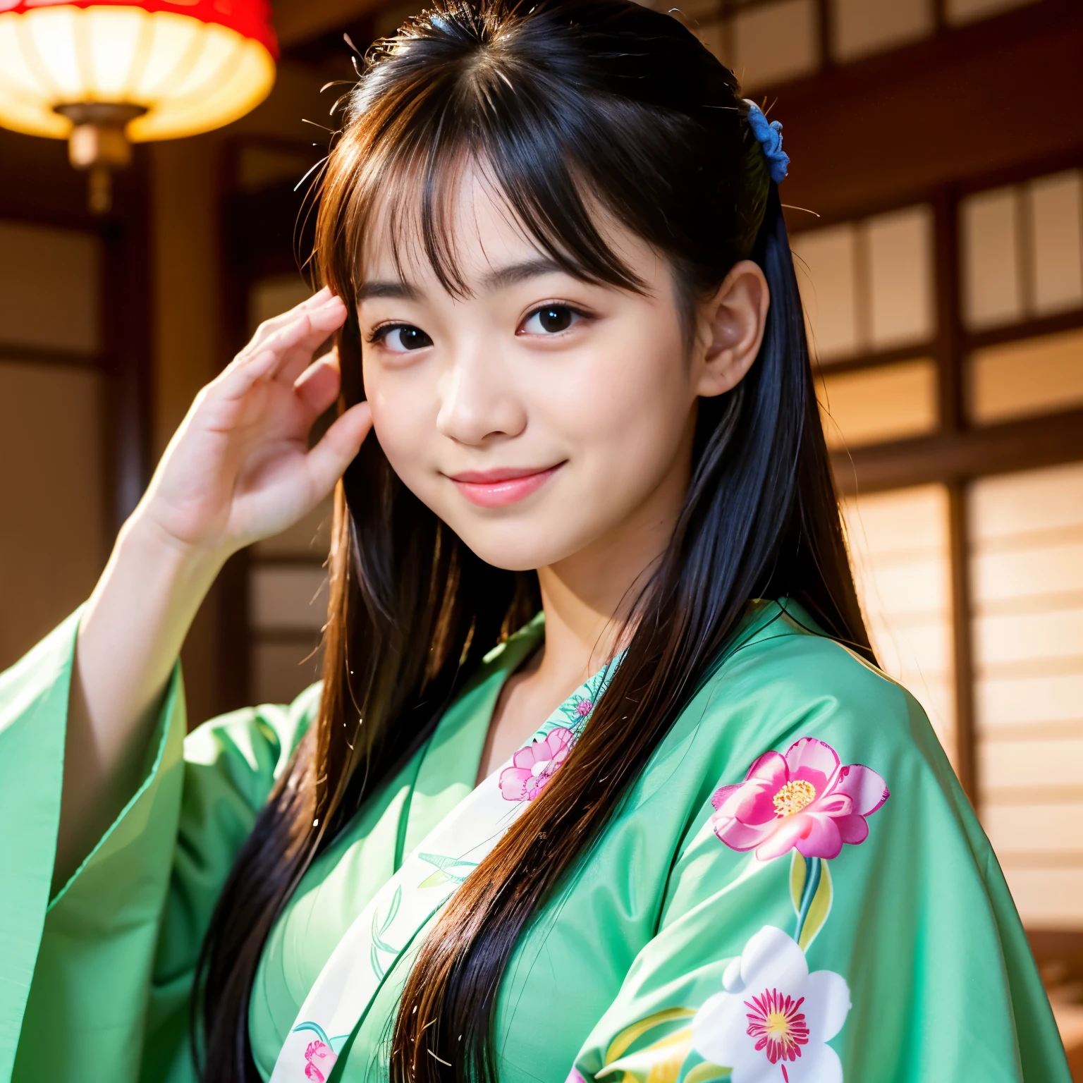 (Best-quality, Masterpiece, Ultra-High-Resolution, (Photorealistic:1.4), Raw Photo, depth of field, professional lighting, perfect ???????, extremely details), 1girl, 15-years-old, the most famous Japanese idol, at Japanese-restaurant, wearing Japanese-KIMONO with cute-design, ((snort illegal drugs):1.3), extremely cute face, ((extremely beautiful big-eyes)), extremely beautiful hair, extremely beautiful skins, extremely beautiful long-eyelashes, extremely beautiful lips, looking at viewer, innocent smile, detailed Japanese-KIMONO, detailed Japanese-restaurant