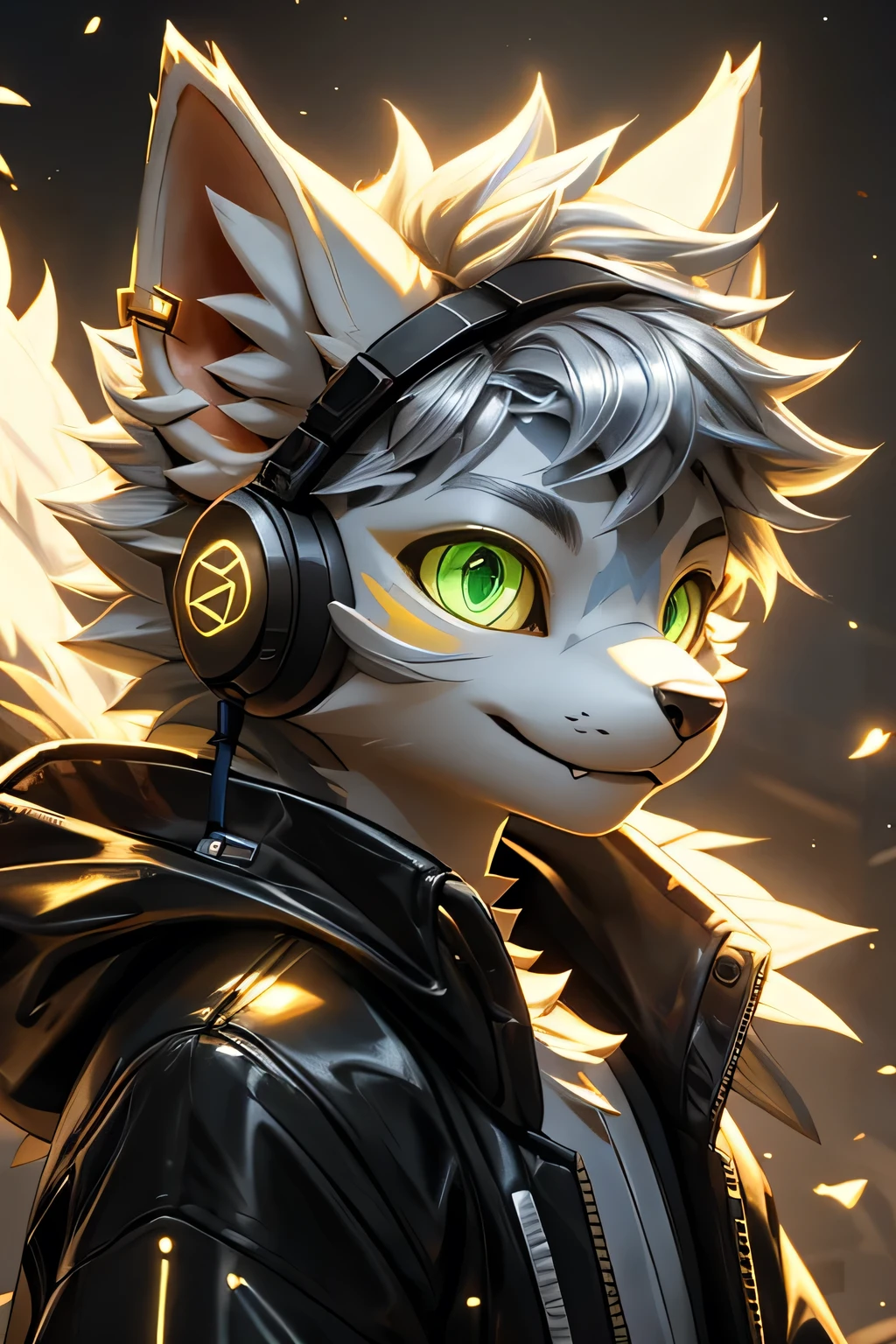 Young werewolf，Gold fur，Wearing a black jacket with neon details，Wearing an electronic mask，Wearing gamer headphones，avatar，Close-up of face，high quality，Digital art，，High-definition 4K realism，((Clear structural details)))Showing meticulous，Delicate eyes，(blue-green pupils)((Silvery-white glowing eyes))slim，soft，4K，Excellent quality，High Detail，Delicate fur，((Yellow Tail in the right place))Light blue shirt。Pale yellow ears，Yellow Hair，whole body，Standing，small short mouth，personification，Domineering