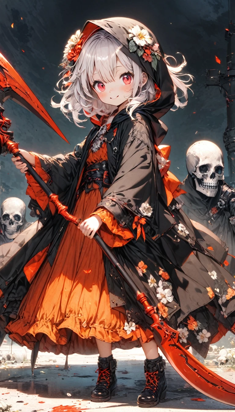 solo,1female\(grim reaper,cute,kawaii,age of 10,hair color white,braid hair,messy hair,eye color dark,big eyes,pale white skin,big smile,enjoy,full body,wearing Grim Reaper's black Robe,(black hood),holding scythe,skip,flower hair ornament,white hair,(body transparent:0.8)\),background\((black sky:1.5),skulls at ground,withered flowers all over the ground,red water\), BREAK ,quality\(8k,wallpaper of extremely detailed CG unit, ​masterpiece,high resolution,top-quality,top-quality real texture skin,hyper realisitic,increase the resolution,RAW photos,best qualtiy,highly detailed,the wallpaper\)