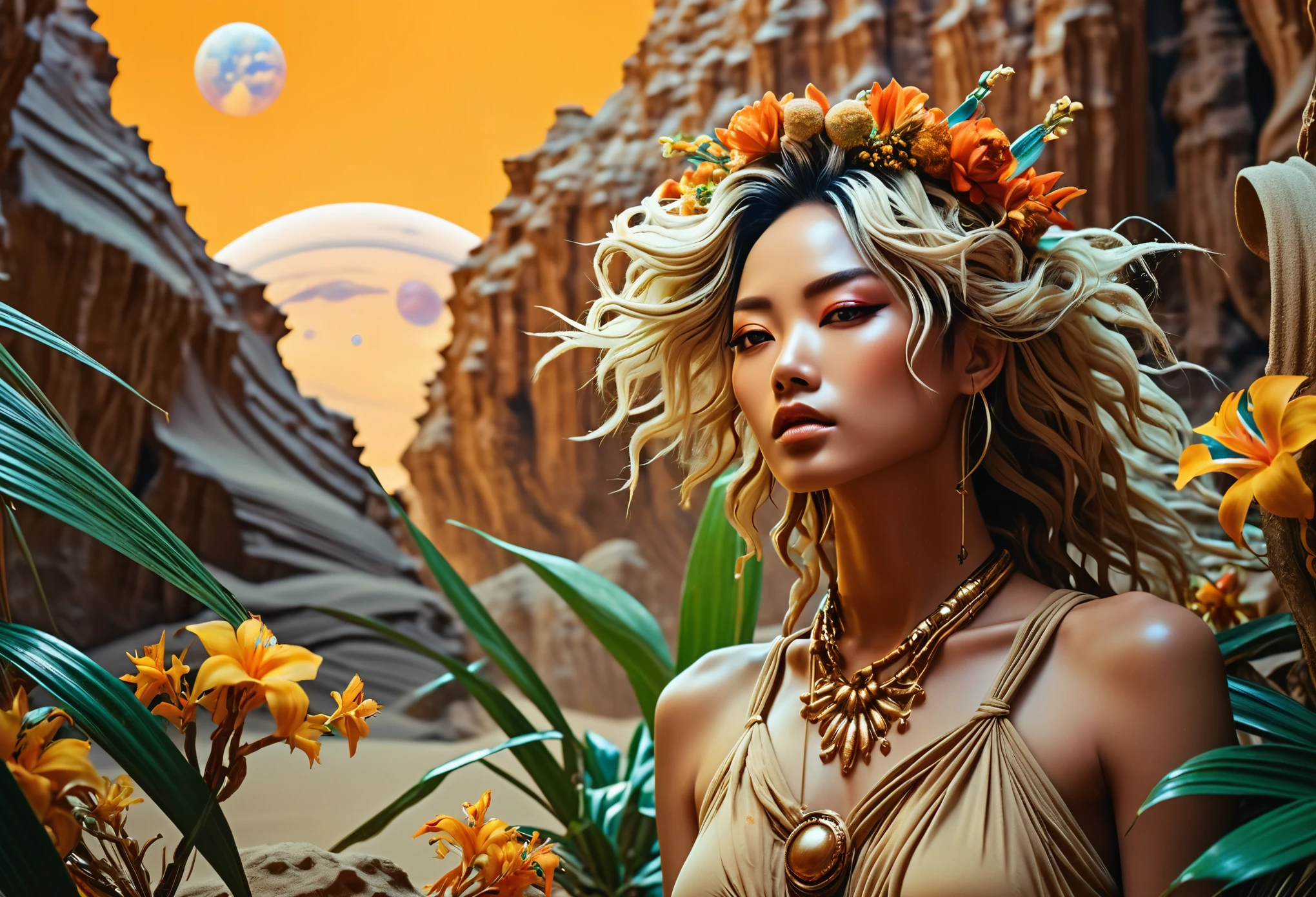 A god like Jupiter of a desert with ochre grain of sand, in juxtaposition duality with the nymph of an oasis with luscious vegetation and tropical flowers, space opera confrontation, inspired by manhua aesthetics.