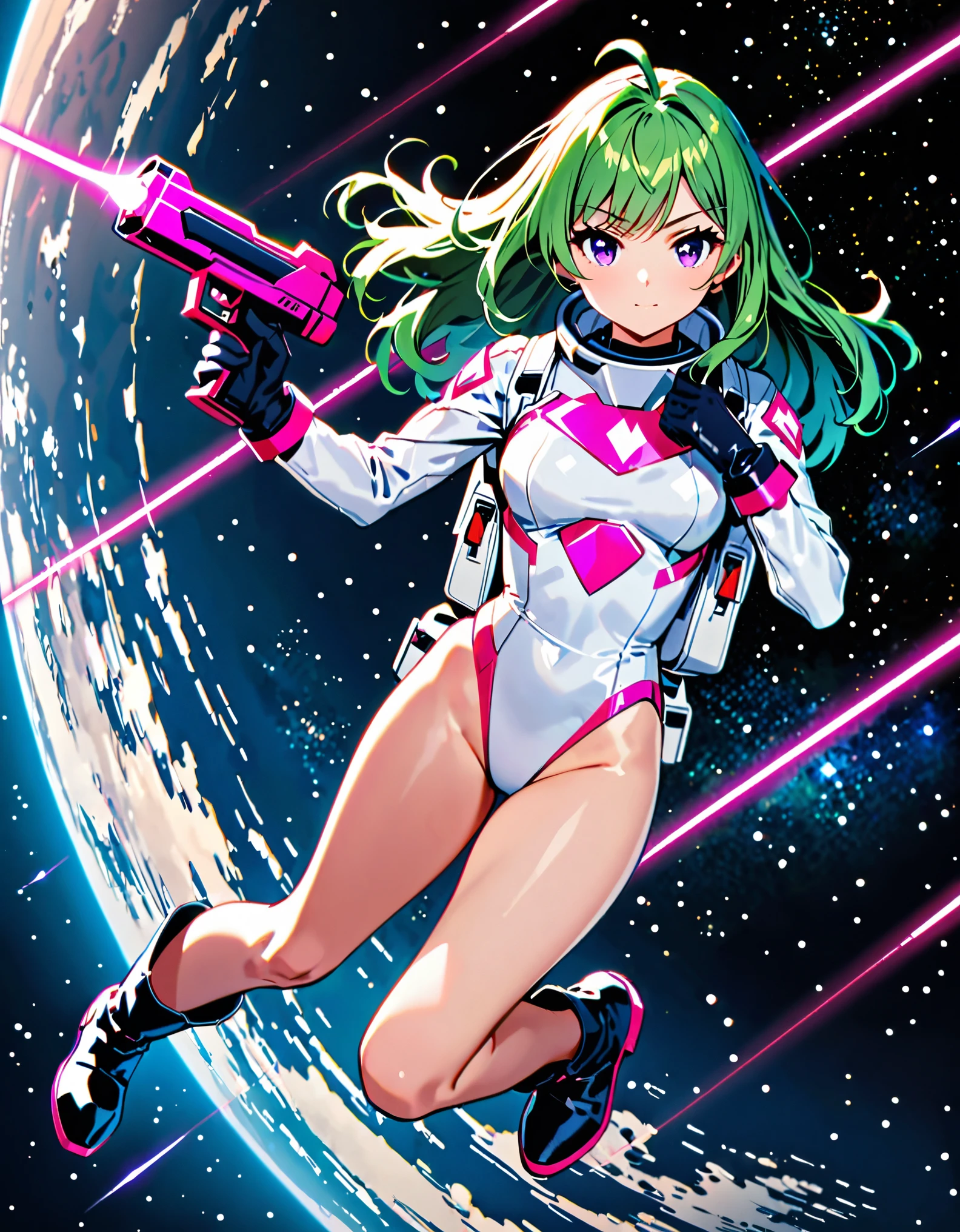 masterpiece, best quality, 1girl, solo, superhero, leotard, bare legs, matching boots, black boots, ankle-high boots, white thighhigh leggings, looking at viewer, looking at viewer, perfect hands, perfect eyes, perfect leotard, spacesuit, perfect legs, perfect arms, perfect fingers, medium breasts, white leotard, (red diamond (symbol) on chest), turtleneck, long sleeves, gloves, matching gloves, black gloves, (green hair), long hair, (purple eyes), cute face, hair down, bangs, ahoge, (white tactical headset), (small white backpack), (holding neon pink laser pistol), floating, hovering, outer space, serious, full body with costume