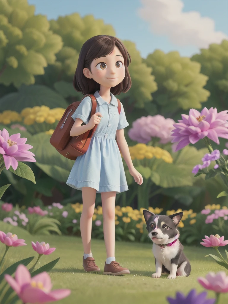 A very charming backpacker and her adorable border collie puppy enjoying a lovely spring outing surrounded by beautiful flowers and nature. This illustration is a 4K resolution high-definition illustration，Facial features are rich in detail，With cartoon-style visuals.