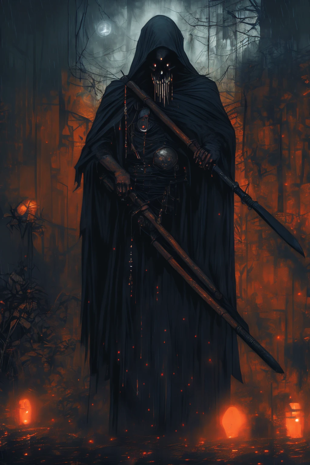 (best quality,ultra-detailed),(dark,spooky) portrait of (the Black Reaper, the grim reaper) in a (sinister, eerie) setting, with (ominous, dim) lighting. The Black Reaper is depicted with (piercing, glowing) eyes and (sharp, menacing) scythe. The atmosphere is filled with (mysterious, haunting) elements and (subtle, eerie) details. The artwork is inspired by (gothic, macabre) themes and exhibits (dramatic, contrasting) colors and (deep, shadowy) tones.