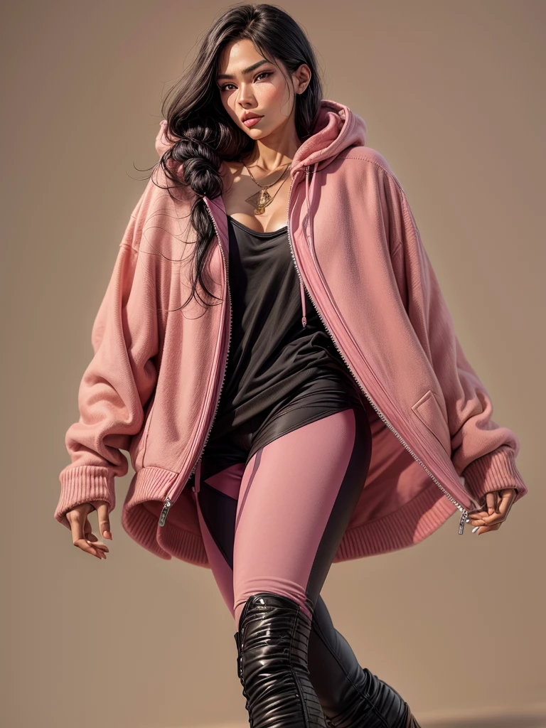 {(Élodie Yung usando (legging black de couro), e uma (pink sweatshirt jacket with wool hoods), (sensual)corpo perfeito, cintura fina, coxas largas e  musculosas}.alta qualidade, com requintes de detalhes.