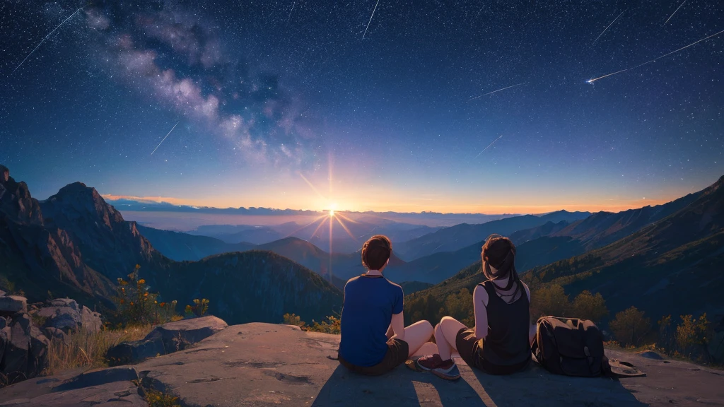 there are two people sitting on a rock looking at the stars, a picture by Julia Pishtar, tumblr, romanticism, looking at the stars, watching the stars, looking to stars, looking up at the stars, watching the stars at night, night under the starry sky, under the stars, with the sky full of stars, with stars