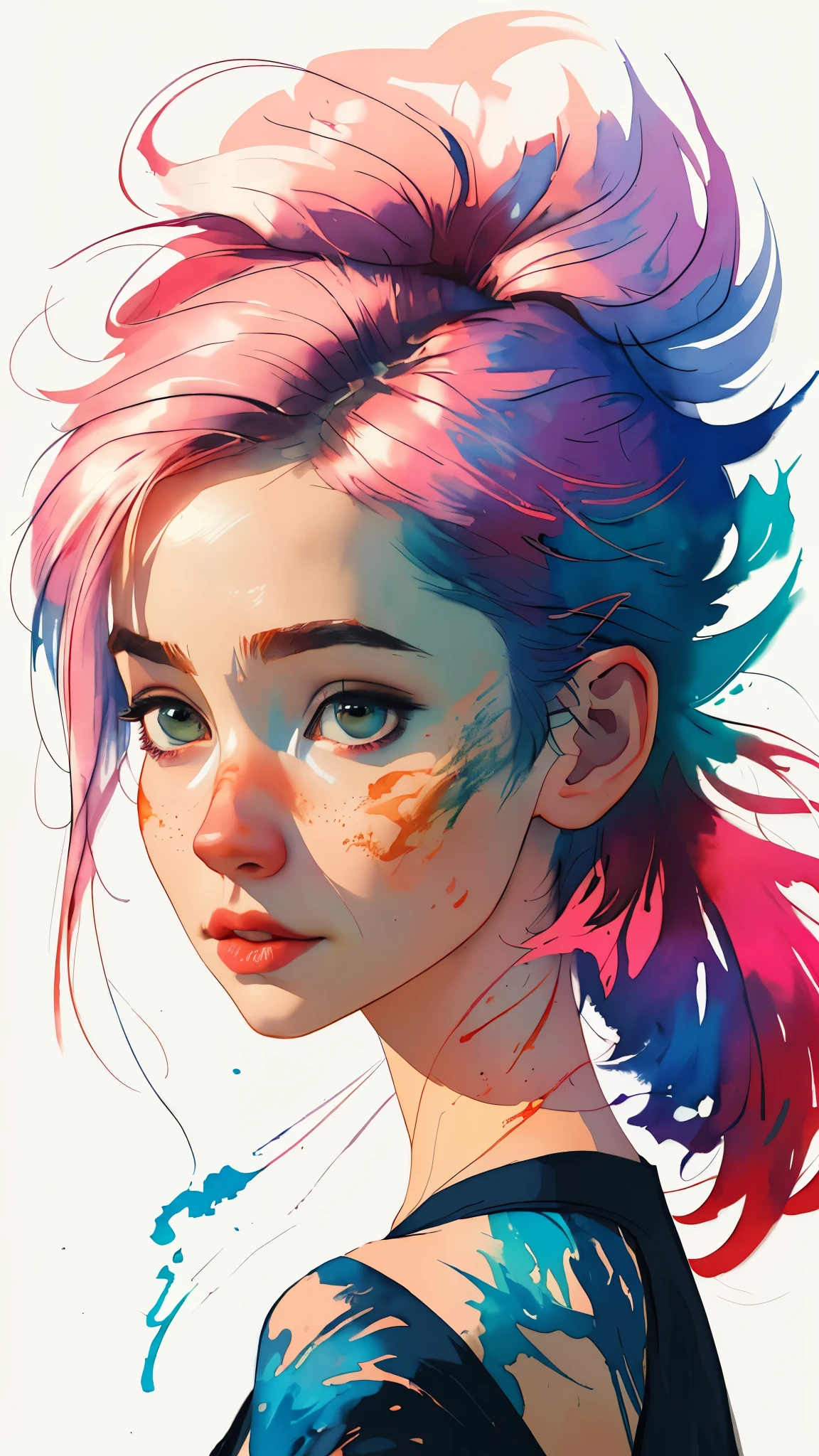 (8k, best quality, masterpiece:1.2),(best quality:1.0), (ultra highres:1.0), watercolor, a beautiful woman, shoulder, hair ribbons, by agnes cecile, half body portrait, extremely luminous bright design, pastel colors, (ink:1.3), autumn lights