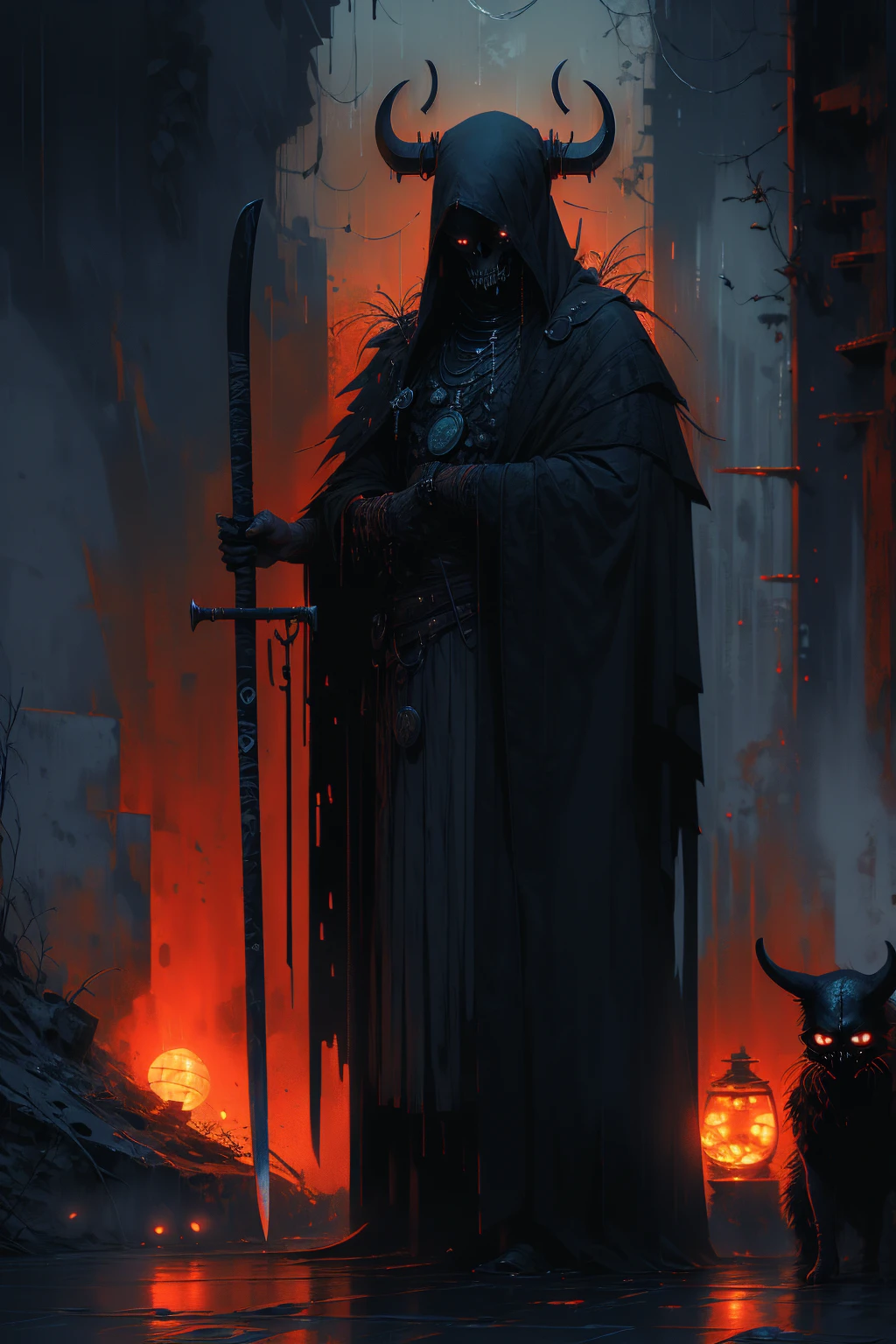 (best quality,ultra-detailed),(dark,spooky) portrait of (the Black Reaper, the grim reaper) in a (sinister, eerie) setting, with (ominous, dim) lighting. The Black Reaper is depicted with (piercing, glowing) eyes and (sharp, menacing) scythe. The atmosphere is filled with (mysterious, haunting) elements and (subtle, eerie) details. The artwork is inspired by (gothic, macabre) themes and exhibits (dramatic, contrasting) colors and (deep, shadowy) tones.