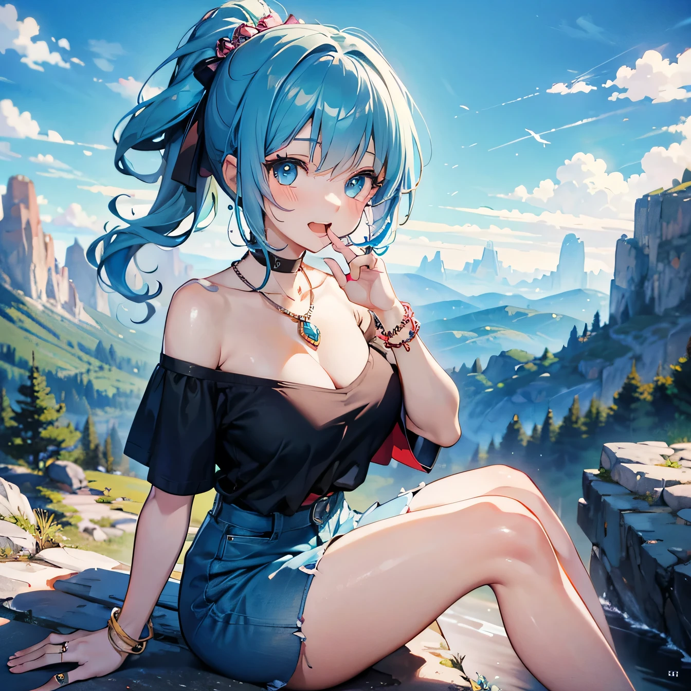 Anime Moe Art Style,highest quality,High resolution,Anatomically correct,One Girl,-teegirl with light blue hair in a ponytail,Super detailed,Fantasy-style world,Off-the-shoulder tops,mini skirt,Big Breasts,A rich expression,Laughing with your mouth open,Mountainous Regions,Sitting leaning against a big rock,Eyes drawn in detail,hair ornaments,necklace,bracelet,ring,8K