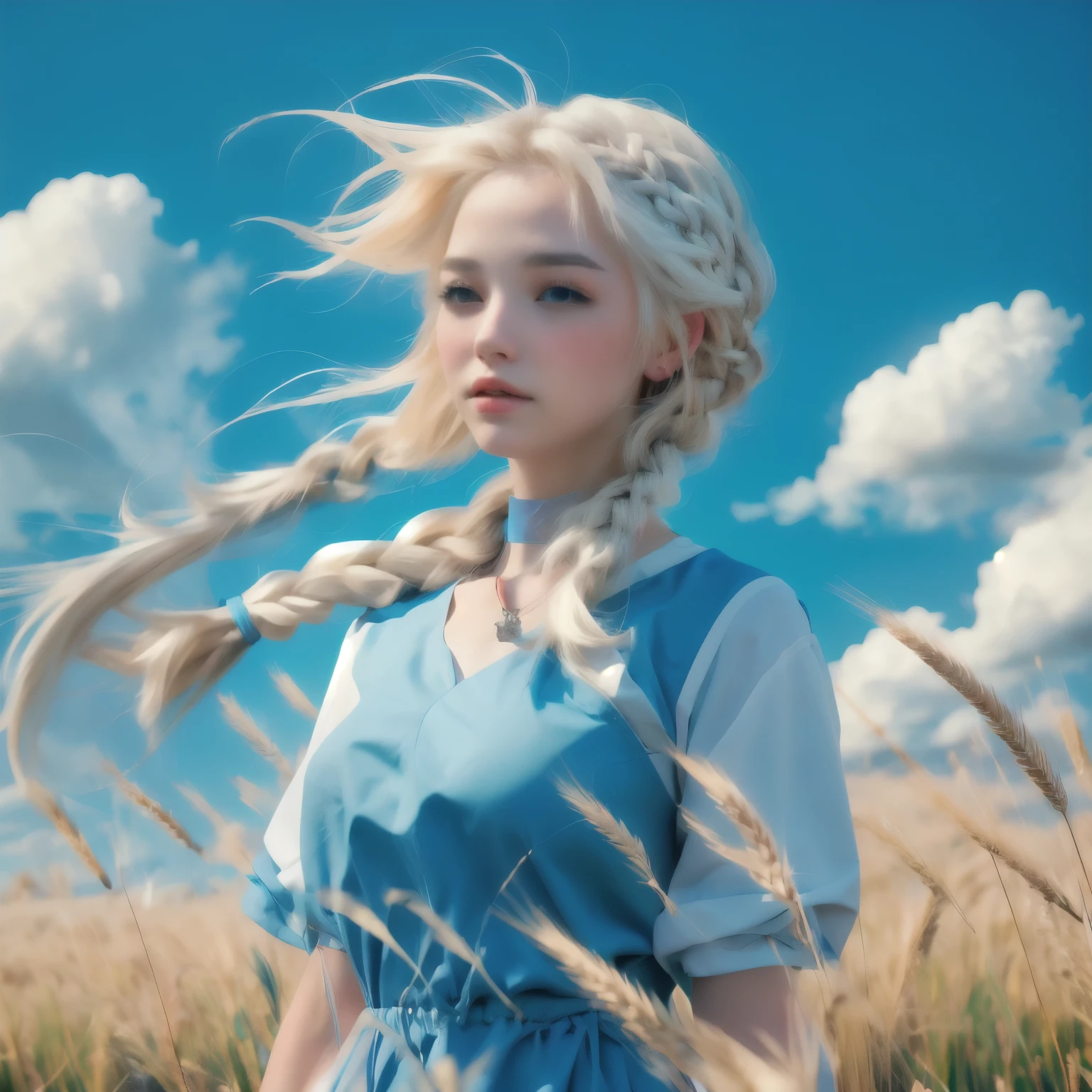 realistic, a girl with white hair and braids in a field, girl with white hair, in a wheat field, flowing white hair, wind blowing hair, blonde girl with long hair, wind blowing and hair flowing, UHD