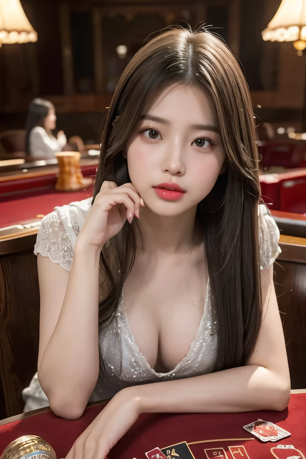 Realistic, High resolution, 1 female, Glowing Skin, alone, Wide lips,Long Hair,Straight hair,Saggy breasts,Small face,Gray Hair,Color Contact Lenses,China dress,upward angle,Purse your mouth,Kissing Mouth,Table games,Card games