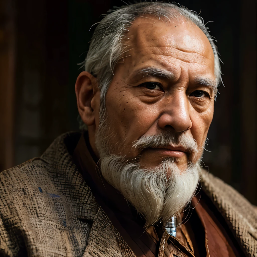 arafed man with a white beard and a brown jacket, ultra detailed portrait, portrait of monk, old man portrait, ultra realistic digital painting, cinematic realistic portrait, realistic digital painting, wise old man, photorealistic digital painting, hyper realistic digital painting, oriental face, highly realistic digital art, an old man, asian face, cinematic. by leng jun
