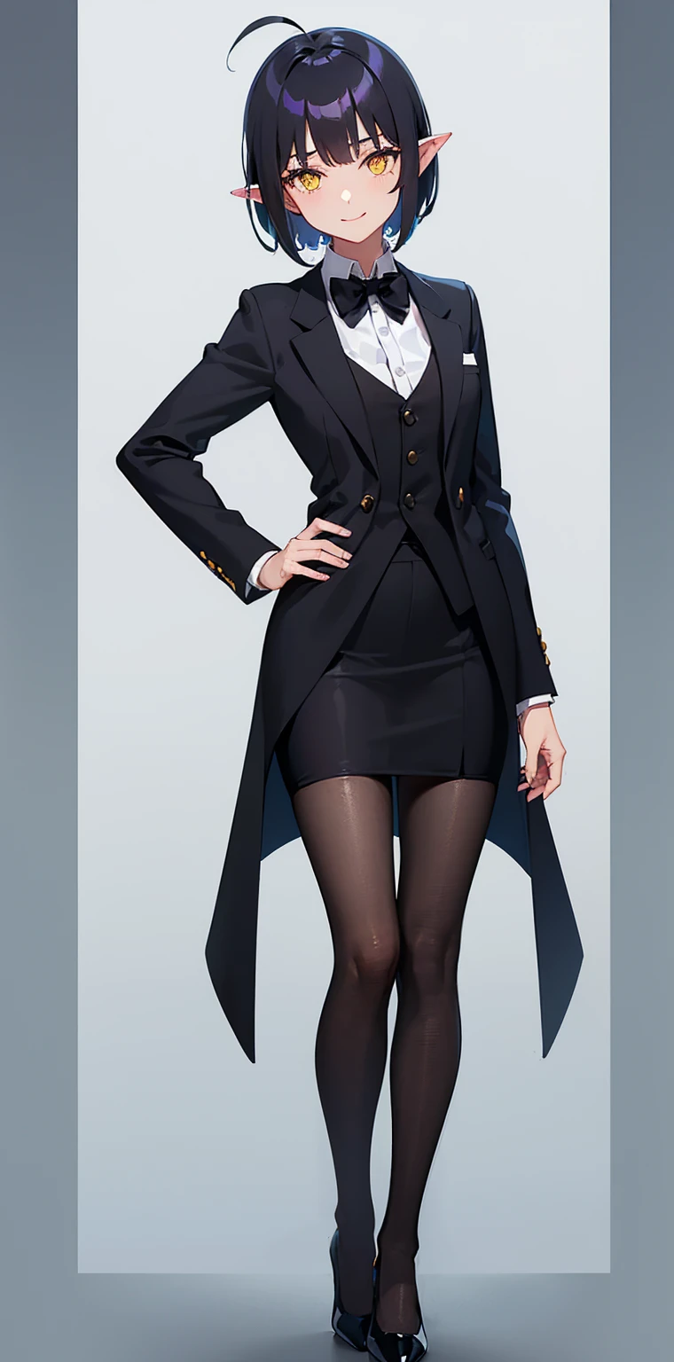 Simple Green Background, (whole body, upright,Wearing pumps), Young girl, cute、One Girl, 紫がかったBlack Hair、Purple glowing hair、Black Hair、Short bangs、(紫がかったBlack Hair, Short hair to the shoulders, Hair between the eyes, Ahoge), (Yellow Eyes), (Pointy Ears), ((Office Suits)), White button-up shirt, Black stiletto heels, Black vest,Black slit skirt, Black bow tie, Wear pumps), Place your arms at your sides., smile, One Girl,masterpiece, high quality, whole body, Are standing,Facing forward,Simple white background