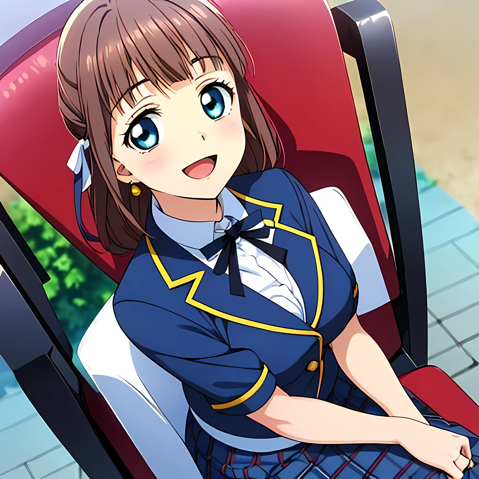 highest quality, (masterpiece:1.2), Very detailed, ((((Game CG)))), ((((A portrait by Renoir of a very noble lady in a , sitting in a chair, in profile.)))), ((The girl everyone loves)), ((((Very beautiful, wavy, long flaxen hair)))), ((((Navy blue blazer)))), ((((Elegant dark navy blue checked skirt)))), ((((Very beautiful and shining eyes)))), ((Very long eyelashes)), A big white ribbon on the chest, ((A refined and elegant look like a noble princess)), (((Beautiful and great smile))), Small face and great posture, ((Give the viewer a heavenly feeling of happiness)), (((Blur the background))), ((Very noble and elegant face)), ((Slender and shapely breasts)), (((Looking into the distance))), The background is a wall covered in deep green ivy., Gold hair ornament and earrings, ((Anime heroine girl smiling with open mouth))