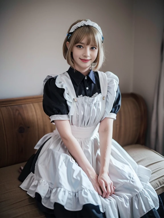8K,Masterpiece,One woman,Smile,30 years old,blue eyes,Blonde Hair,Short Bob Hair,(Maid Dress),Ella Freya, a beautiful Dutch YouTuber（Ella Freya),