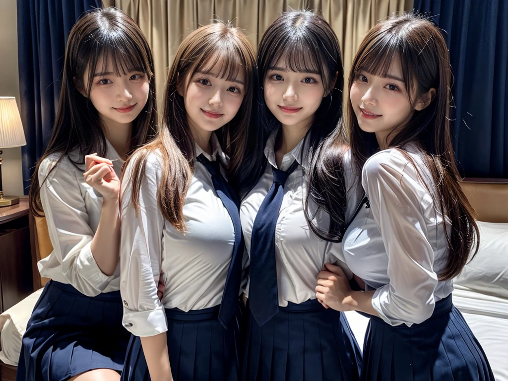 (8K, Raw photography, top-quality, masterpiece:1.2), ((3 beatiful girls))、.(Realistic Skins 1.4)、(((female high-school student、School Uniforms、)))、{{(The background is a luxury hotel room}}((School Uniforms、white Cutter shirt、darkblue pleatedskirt))、((long hair))、(A dark-haired、The forehead is hidden by bangs、)、Black eyes、shinny skin.Beautiful delicate face、Beautiful delicate eyes、{Voluptuous body shape、Thicker thighs}、One piercing in each ear、((smile:1.3)),((large breasts)), ((navy blue tie)) ,looking at camera, ((close up))