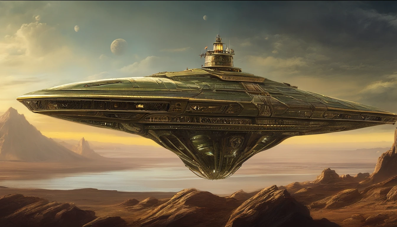 A amazingly detailed vision of a massive futuristic solorpunk starship, in the style of Leonardo Da Vinci & Winslow Homer, with a dark gold coloring and adorned in forest green. The cream colored crystalline nacelles located, at the back of the ship , at a 75° angle with a 72 ft diameter emit a neon yellow light.The ship's bridge measuring 108 ft in length, 72 ft wide 36 ft high showcases an diamond shaped G'Quan Heavy Battle Cruiser (from Babylon 5)design. The middle section, resembling a cylindrical 1974 Winnebago, stretches 72' high, 288 ft long, and 144 ft wide, angled at 75° down from the main bridge. The base section is 90° down from the mid section It resembles a streamlined Freightliner. It measures a whopping 576' long, 864ft wide, & 288ft high The starship is set against a captivating Titan-Earth-esque planet with six enchanting moons, surrounded by satellites and other ships traversing the cosmos.