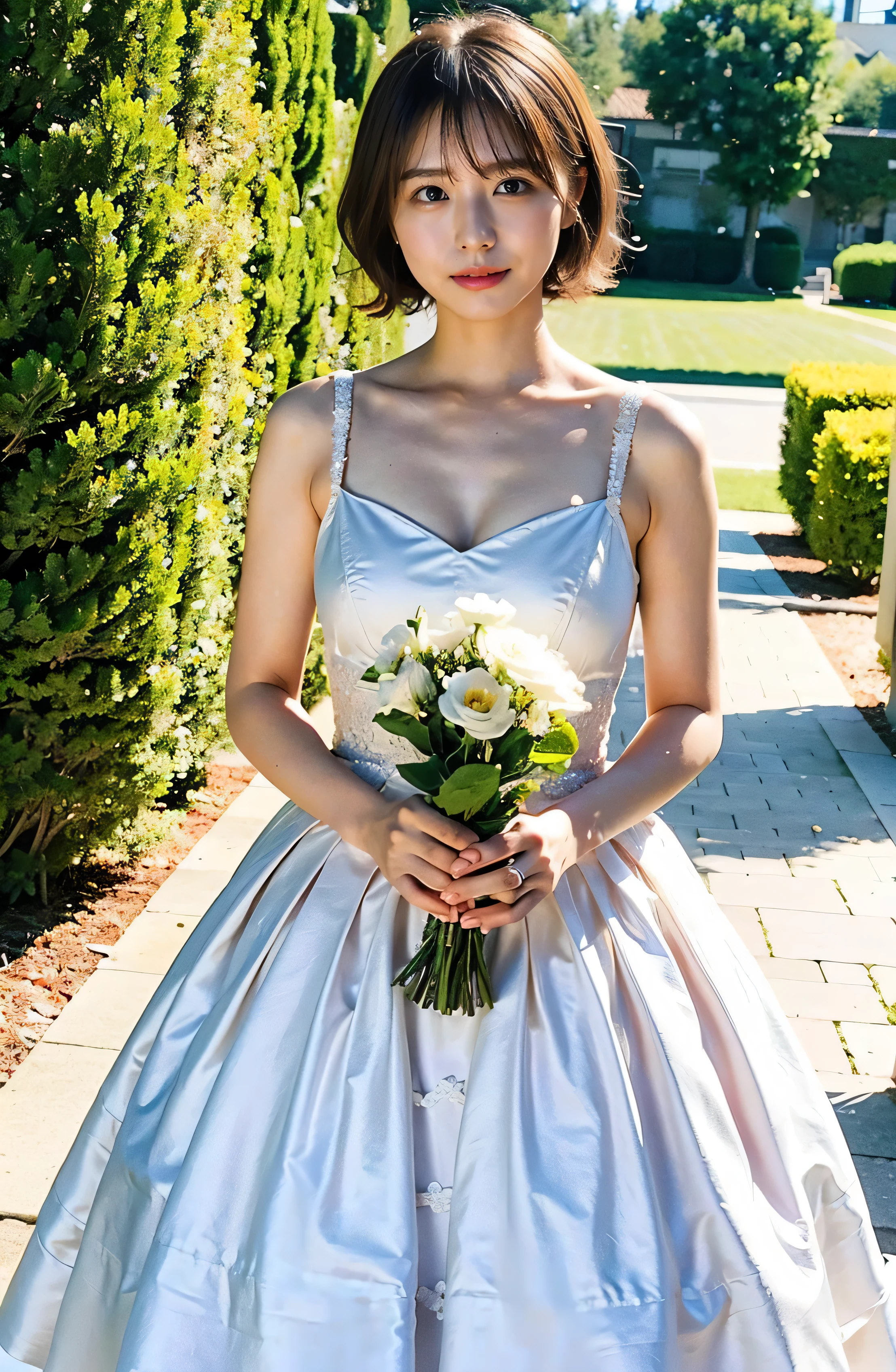 Big Smile、Holding a bouquet、A lovely smile、A luxurious white silk dress with lace、Stunning gardens、Colorful flowers々is blooming、White silk and shiny dress、A luxurious and elegant white wedding dress、Braided hair only for the bangs((wedding ceremony:1.4))、Full body photo、smile、 Caustics、Highly detailed photos、Very beautiful eyeedium Short Hair、Large Breasts、Super no makeup、(8k、RAW Photos、highest quality、masterpiece:1.2)、(Realistic、Realistic)、1 girl、((Medium Short Hair、Looking into the camera:1.4))、