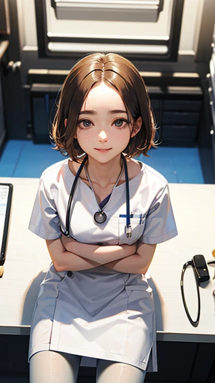 Only one female, Sitting, (From above), (Looking up at the viewer), (White) Stylish clothing, Mature Woman, /(short hair、Light brown hair、Blonde hair/) Beautiful forehead, A kind smile, (Masterpiece of the highest quality:1.2) Delicate illustrations, super detailed, pantyhose, /(Wear a stethoscope around your neck/) break (Hospital examination room) indoor, Glasses、Work Desk, (Radiograph), Detailed Background