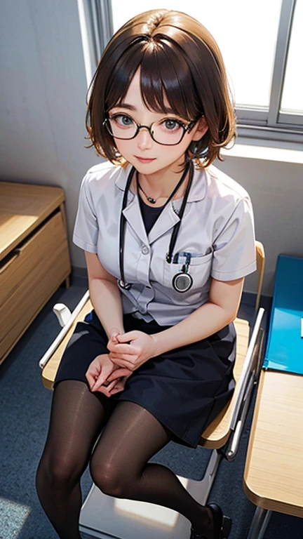 Only one female, Sitting, (From above), (Looking up at the viewer), (White) Stylish clothing, Mature Woman, /(short hair、Light brown hair、Blonde hair/) Beautiful forehead, A kind smile, (Masterpiece of the highest quality:1.2) Delicate illustrations, super detailed, pantyhose, /(Wear a stethoscope around your neck/) break (Hospital examination room) indoor, Glasses、Work Desk, (Radiograph), Detailed Background