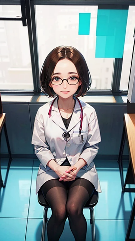 Only one female, Sitting, (From above), (Looking up at the viewer), (White) Stylish clothing, Mature Woman, /(short hair、Light brown hair、Blonde hair/) Beautiful forehead, A kind smile, (Masterpiece of the highest quality:1.2) Delicate illustrations, super detailed, pantyhose, /(Wear a stethoscope around your neck/) break (Hospital examination room) indoor, Glasses、Work Desk, (Radiograph), Detailed Background