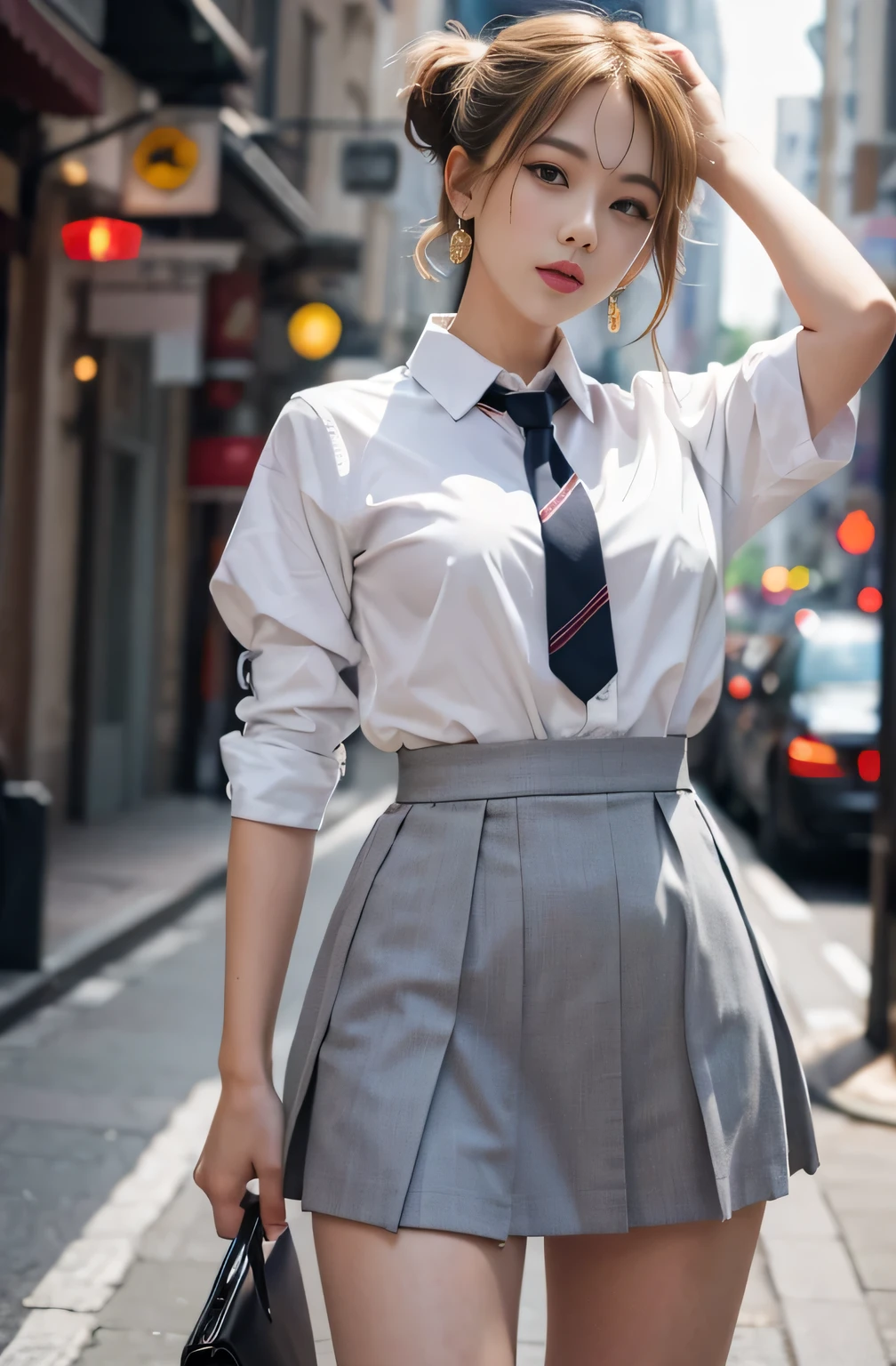 Gray eyes, Korean , Summer shirts, Ribbon Tie, skirt, Bright Blonde, Chest push pose,, 8K original image, high resolution, Korean guy is so handsome, round, Full breasts, Beautiful eye details, Long eyelashes, Beautiful double eyelids, Eyeshadow, Eyeliner, Slender eyes, Elongate the eye shape, Three white eyes, Evil smile, Express, Very beautiful and long legs, Beautiful and slender thighs, random hit, hair tied behind the head, earrings,Random Location,Random Direction Photos,Random Clothing,Enlarged breasts
