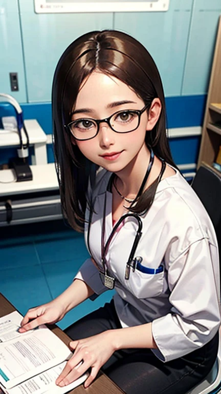 Only one female, Sitting, (From above), (Looking up at the viewer), (White) Stylish clothing, Mature Woman, /(Mid-length hair、Light brown hair、Blonde hair/) Beautiful forehead, A kind smile, (Masterpiece of the highest quality:1.2) Delicate illustrations, super detailed,  pantyhose, /(Wear a stethoscope around your neck/) break (Hospital examination room) indoor, Glasses、Work Desk, (Radiograph), Detailed Background