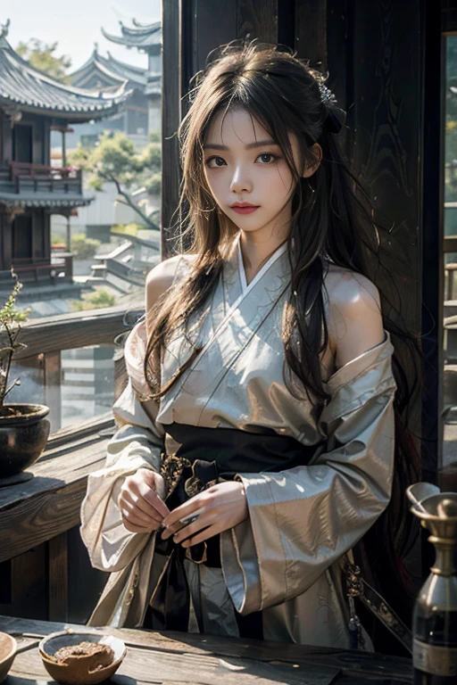 Reality, high resolution, Soft Light,1 Woman, Solitary, Hip lift, View Viewer, (Delicate face), long hair, beautiful girl, Hanfu, east asian architecture,scabbard,architecture, Tattoo, Jewelry