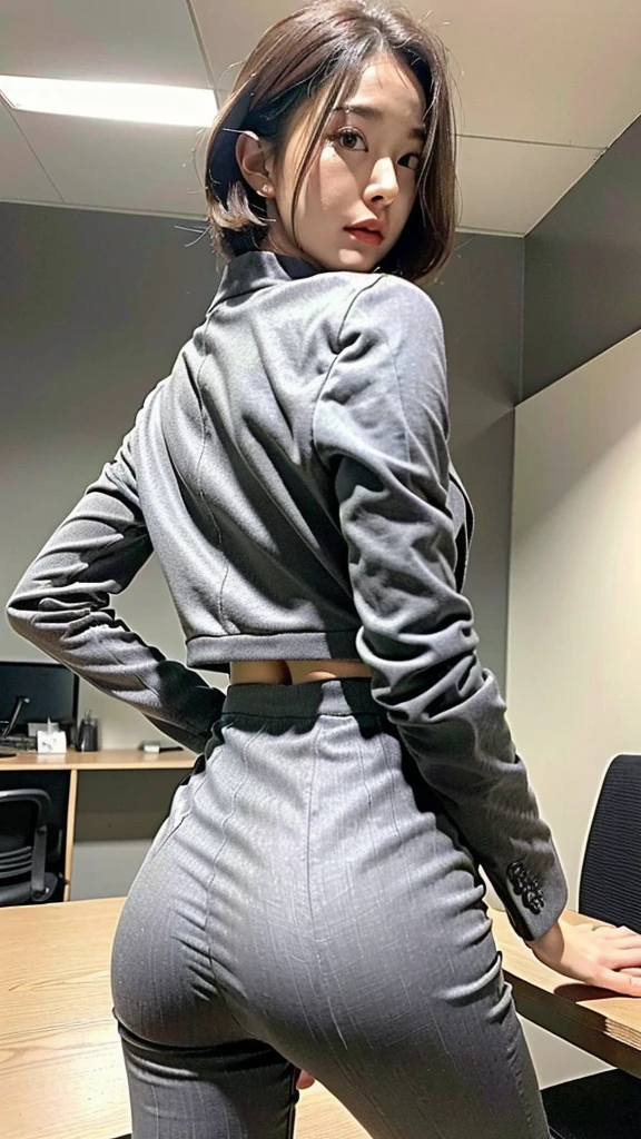 (best quality, 8K, 32k, masterpiece, Ultra HD:1.2), 1 Girl, Beautiful Japanese woman, Willow Waist, grey Set, open jacket, Office female staff, Set, Pants, From the back, Office, table,  (Stick out your butt:1.2), Delicate face, short hair, From below, Lift one leg