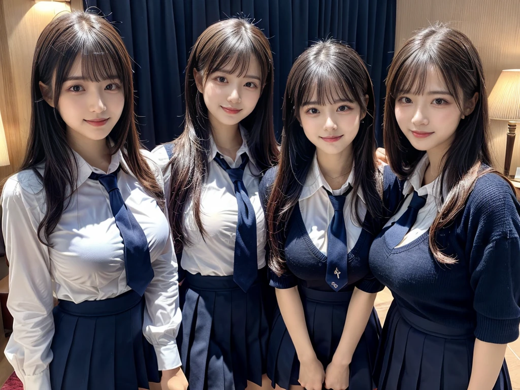 (8K, Raw photography, top-quality, ​masterpiece:1.2),  ((3 beatiful girls))、.（Realistic Skins 1.4）、（（（female high-school student、School Uniforms、）））、{{‎(The background is a luxury hotel room}}（（School Uniforms、white Cutter shirt、darkblue pleatedskirt))、（(long hair)）、（A dark-haired、The forehead is hidden by bangs、）、Black eyes、shinny skin.Beautiful delicate face、Beautiful delicate eyes、｛Voluptuous body shape、Thicker thighs｝、One piercing in each ear、((smile:1.3)),((large breasts)), ((navy blue tie)) ,looking at camera, ((close up))