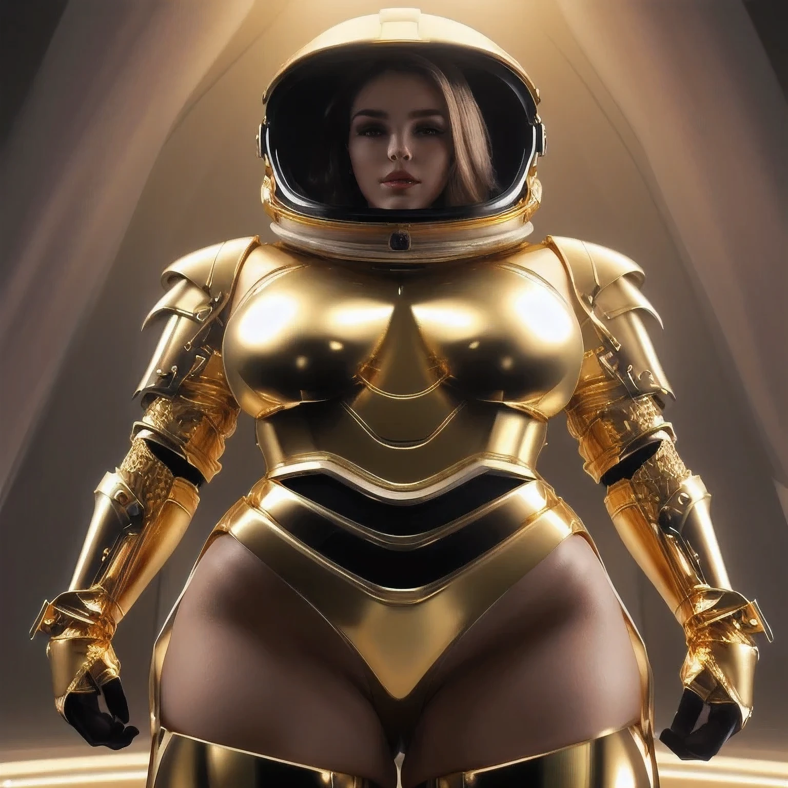 arafed woman in a gold space suit posing for a picture, gold sci - fi armour, golden armor, cinematic goddess body shot, gold heavy armor. dramatic, body golden armor, gold body, sleek gold armor, gold armor, golden armour, angelic golden armor, elegant gold body, artgerm julie bell beeple, golden armor with diamonds