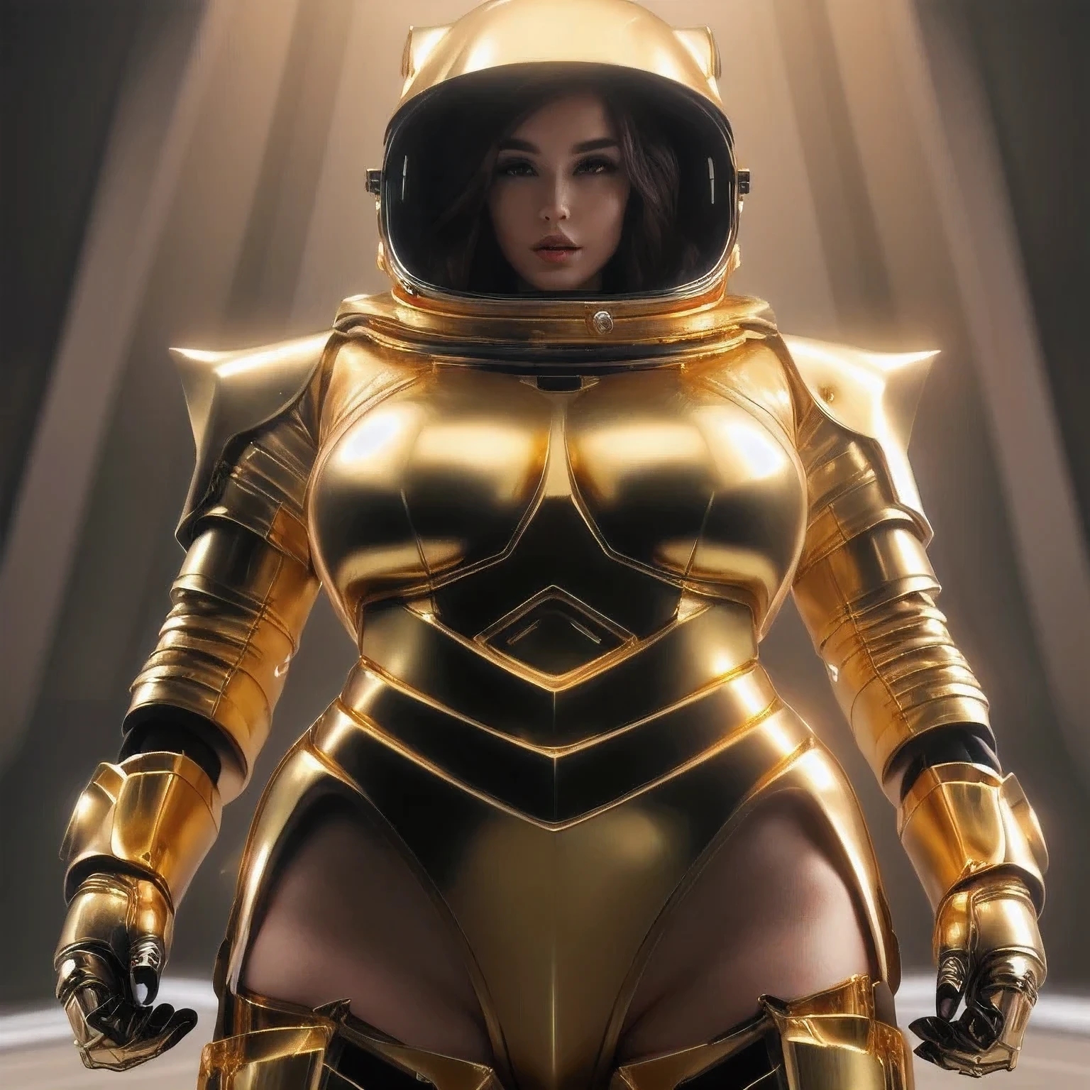 arafed woman in a gold space suit posing for a picture, gold sci - fi armour, golden armor, cinematic goddess body shot, gold heavy armor. dramatic, body golden armor, gold body, sleek gold armor, gold armor, golden armour, angelic golden armor, elegant gold body, artgerm julie bell beeple, golden armor with diamonds