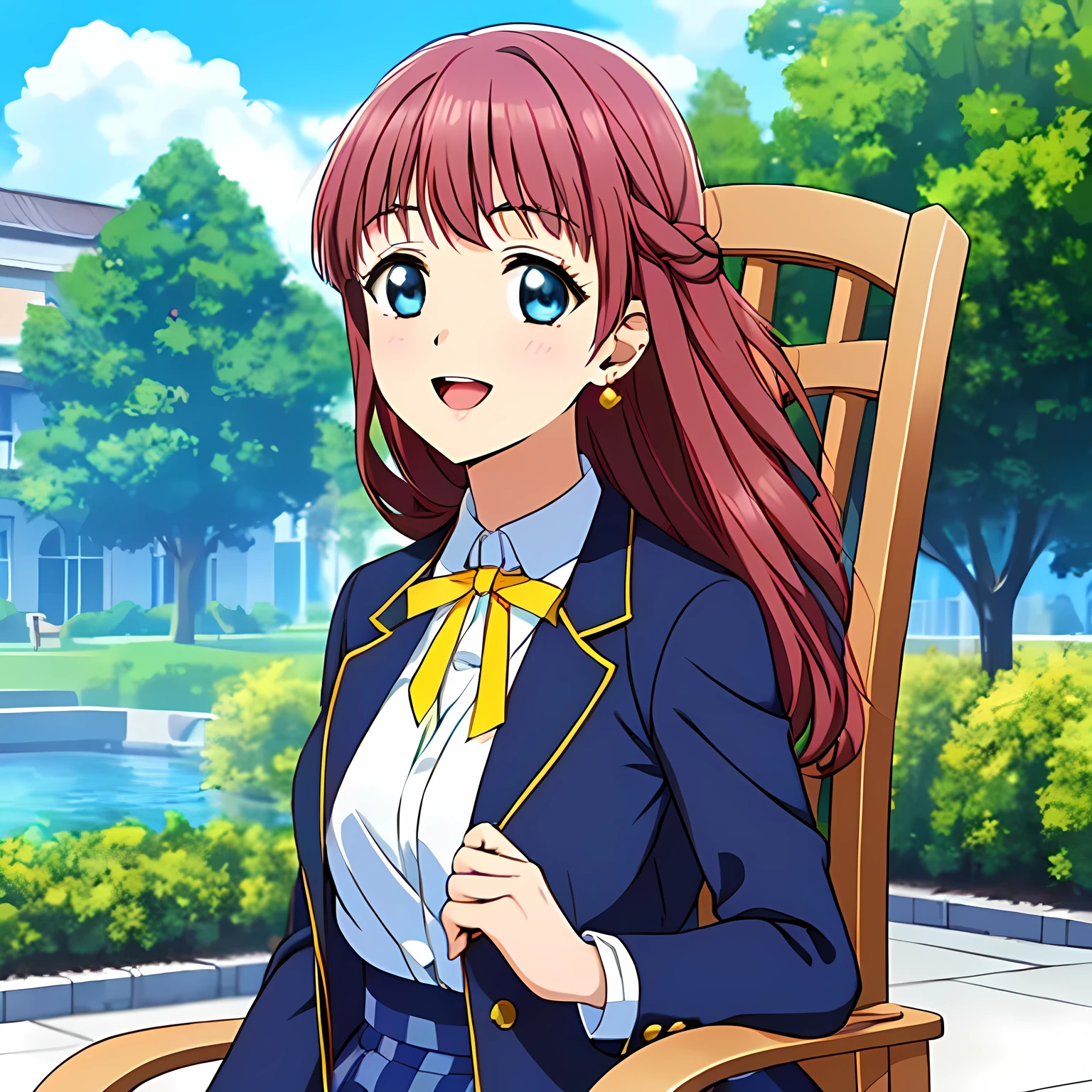 highest quality, (masterpiece:1.2), Very detailed, ((((Game CG)))), ((((A portrait by Renoir of a very noble lady in a , sitting in a chair, in profile.)))), ((The girl everyone loves)), (((((Very beautiful, wavy, long flaxen hair))))), ((((Navy blue blazer)))), ((((Elegant dark navy blue checked skirt)))), ((((Very beautiful and shining eyes)))), ((Very long eyelashes)), A big white ribbon on the chest, ((A refined and elegant look like a noble princess)), (((Beautiful and great smile))), Small face and great posture, ((Give the viewer a heavenly feeling of happiness)), (((Blur the background))), ((Very noble and elegant face)), ((Slender and shapely breasts)), (((Looking into the distance))), The background is a wall covered in deep green ivy., Gold hair ornament and earrings, ((The elegant, slightly open mouth and glossy lips of an anime heroine)), The wind is blowing