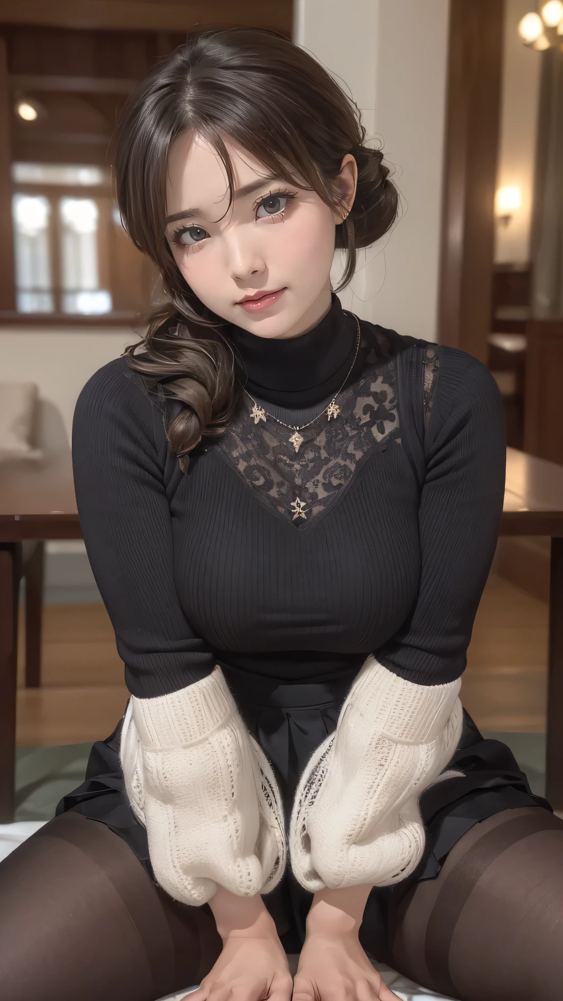 (middle-aged woman:1.2),(random pose),(random hairstyle),(Highest image quality,(8K), Ultra-realistic, Best Quality, High quality, High Definition, high quality texture, high detailing, Beautiful detailed, fine detailed, extremely details CG, Detailed texture, realistic representation of face, masterpiece, presence),virgin destroyer sweater,black pantyhose,spread legs