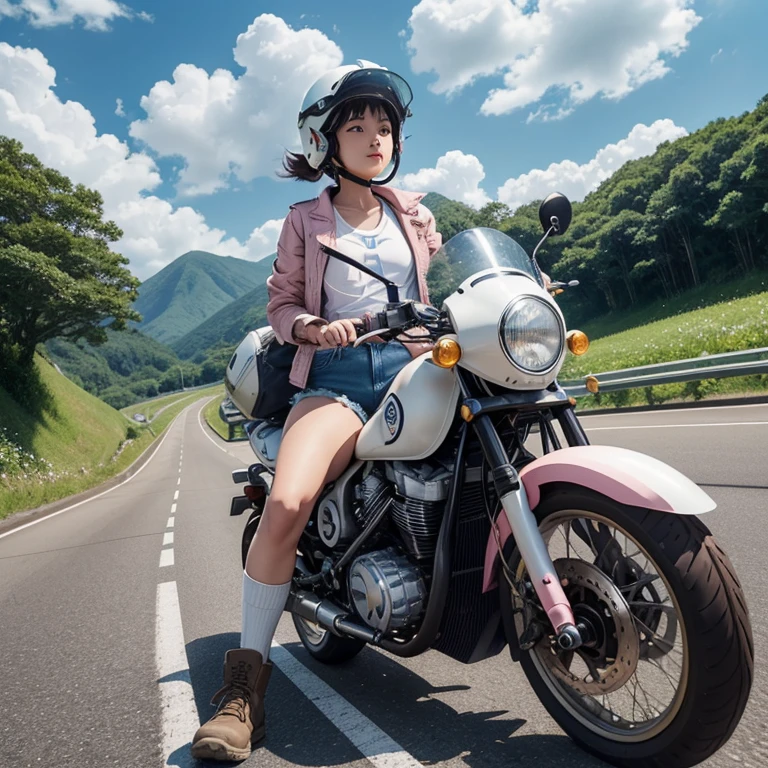 Highest quality、A girl is riding a white Super Cub、Dark brown short cut、(He is wearing a jet helmet with white and black lines running down the center of the helmet from front to back.、White tank top、Pink jacket、Denim shorts、White knee-high socks、Brown work boots:1.3)、Japanese countryside scenery、Road beside the stream、Small creek、Dirt Road、Weeds grow along the side of the road、Blue sky、White clouds floating、Early summer sky、