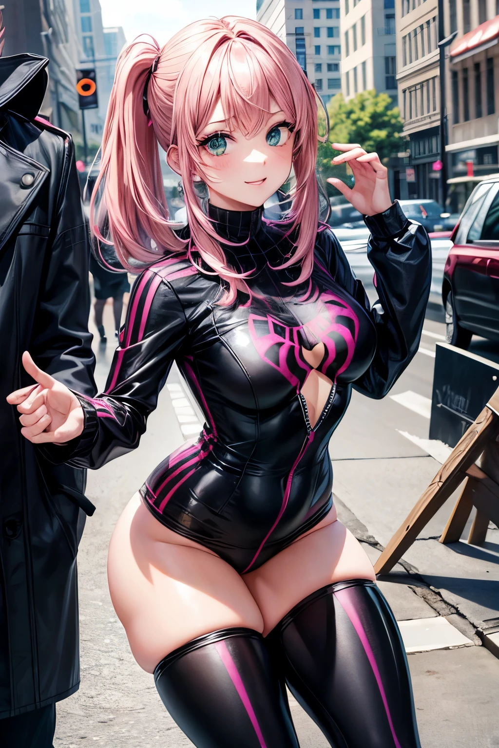 A girl with green eyes wearing a black and pink Spiderman suit, her hair brown and with some pink highlights.