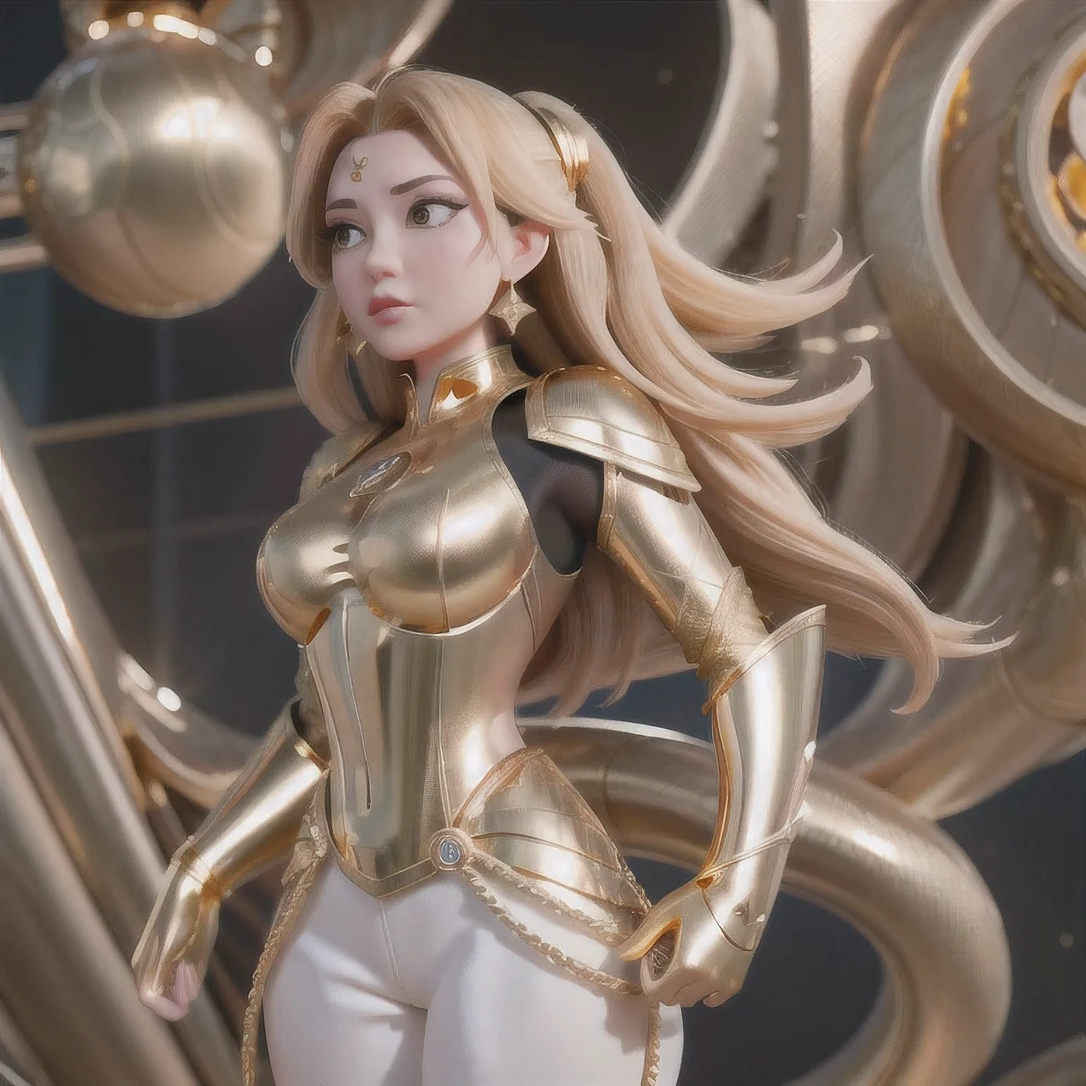 arafed woman in a gold space suit posing for a picture, gold sci - fi armour, golden armor, cinematic goddess body shot, gold heavy armor. dramatic, body golden armor, gold body, sleek gold armor, gold armor, golden armour, angelic golden armor, elegant gold body, artgerm julie bell beeple, golden armor with diamonds