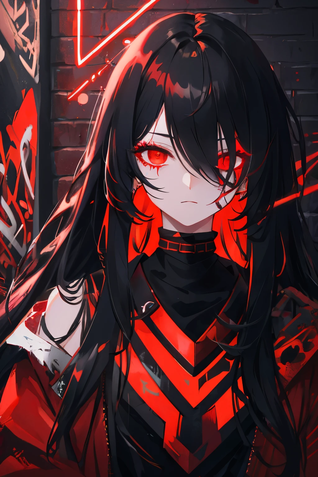 best quality, intricate details, chromatic aberration,
1girl, long hair, black hair, messy hair, red highlights, hair over one eye, red eyes, sharp eyes,
choker, neon shirt, torn legwear, open jacket,
against wall, brick wall, graffiti, glowing grafiti, glowing tattoos, glow, neon lights,
blacklight,