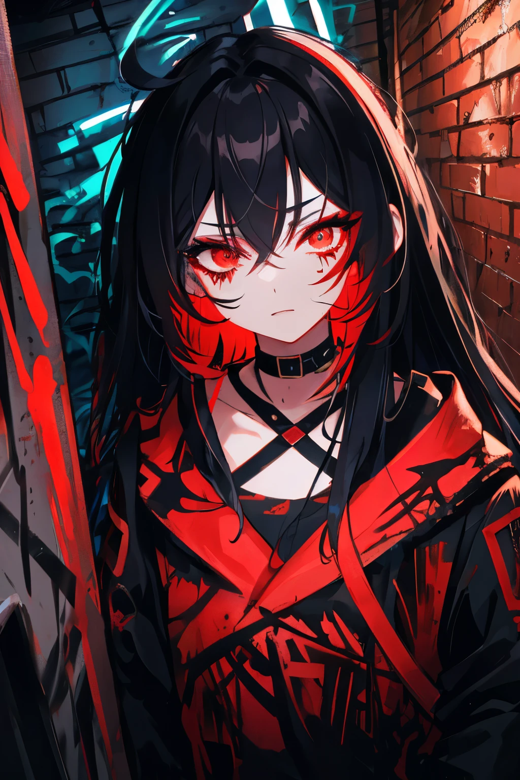 best quality, intricate details, chromatic aberration,
1girl, long hair, black hair, messy hair, red highlights, hair over one eye, red eyes, sharp eyes,
choker, neon shirt, torn legwear, open jacket,
against wall, brick wall, graffiti, glowing grafiti, glowing tattoos, glow, neon lights,
blacklight,