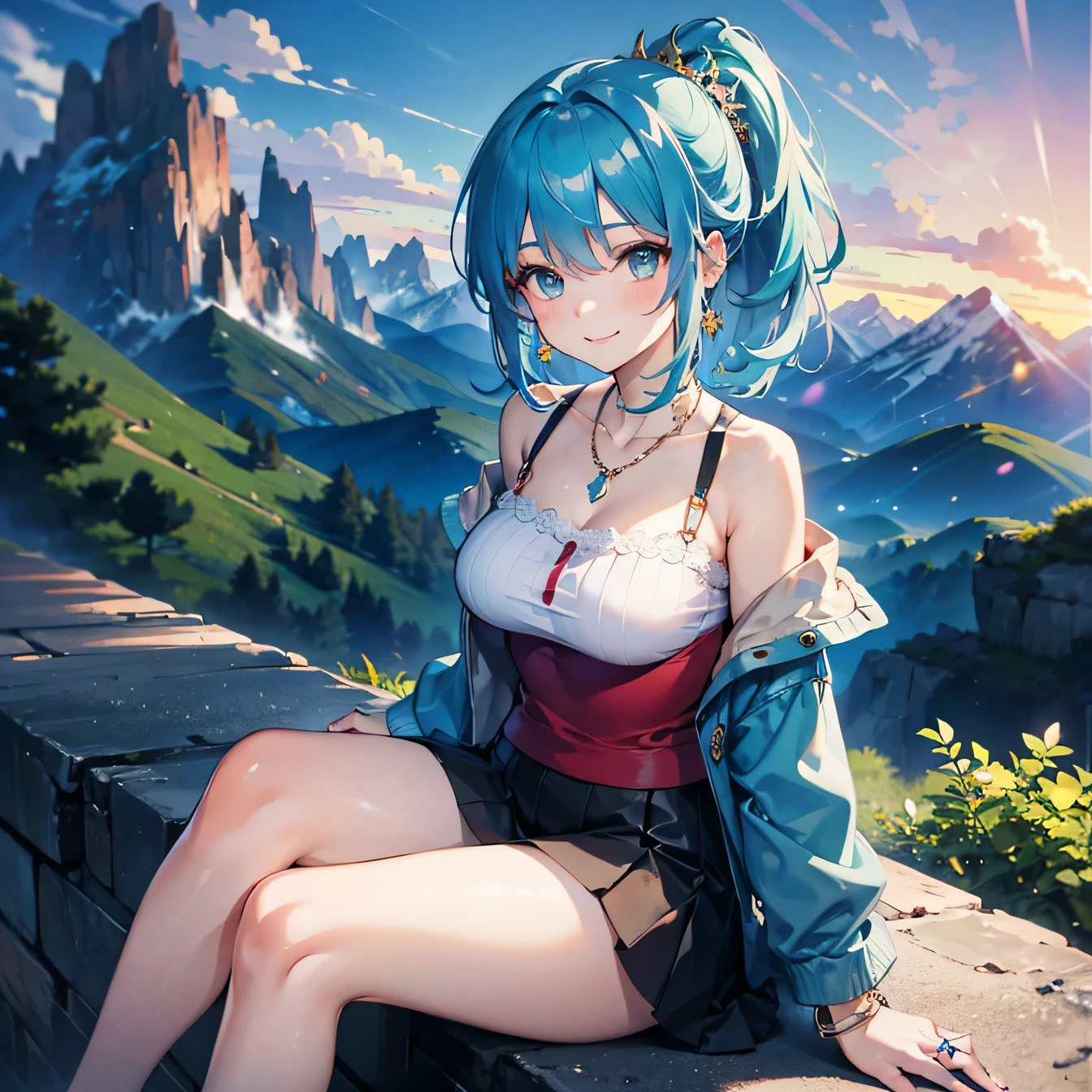 Anime Moe Art Style,highest quality,High resolution,Anatomically correct,One Girl,Mid-s,A girl with light blue hair in a ponytail,Super detailed,Fantasy-style world,Off-the-shoulder tops,mini skirt,Big Breasts,A rich expression,smile,Mountainous Regions,Sitting with knees hugged,Eyes drawn in detail,hair ornaments,necklace,bracelet,ring,8K
