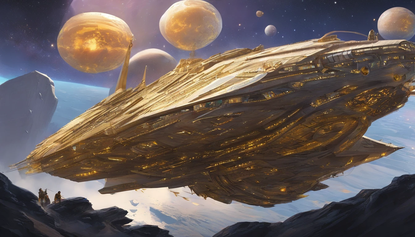 A amazingly detailed vision of a massive futuristic solorpunk starship, in the style of Leonardo Da Vinci & Winslow Homer, with a dark gold coloring and adorned in forest green. The cream colored crystalline nacelles located, at the back of the ship , at a 75° angle with a 72 ft diameter emit a neon yellow light.The ship's bridge measuring 108 ft in length, 72 ft wide 36 ft high showcases an diamond shaped G'Quan Heavy Battle Cruiser (from Babylon 5)design. The middle section, resembling a cylindrical 1974 Winnebago, stretches 72' high, 288 ft long, and 144 ft wide, angled at 75° down from the main bridge. The base section is 90° down from the mid section It resembles a streamlined Freightliner. It measures a whopping 576' long, 864ft wide, & 288ft high The starship is set against a captivating Titan-Earth-esque planet with six enchanting moons, surrounded by satellites and other ships traversing the cosmos.
