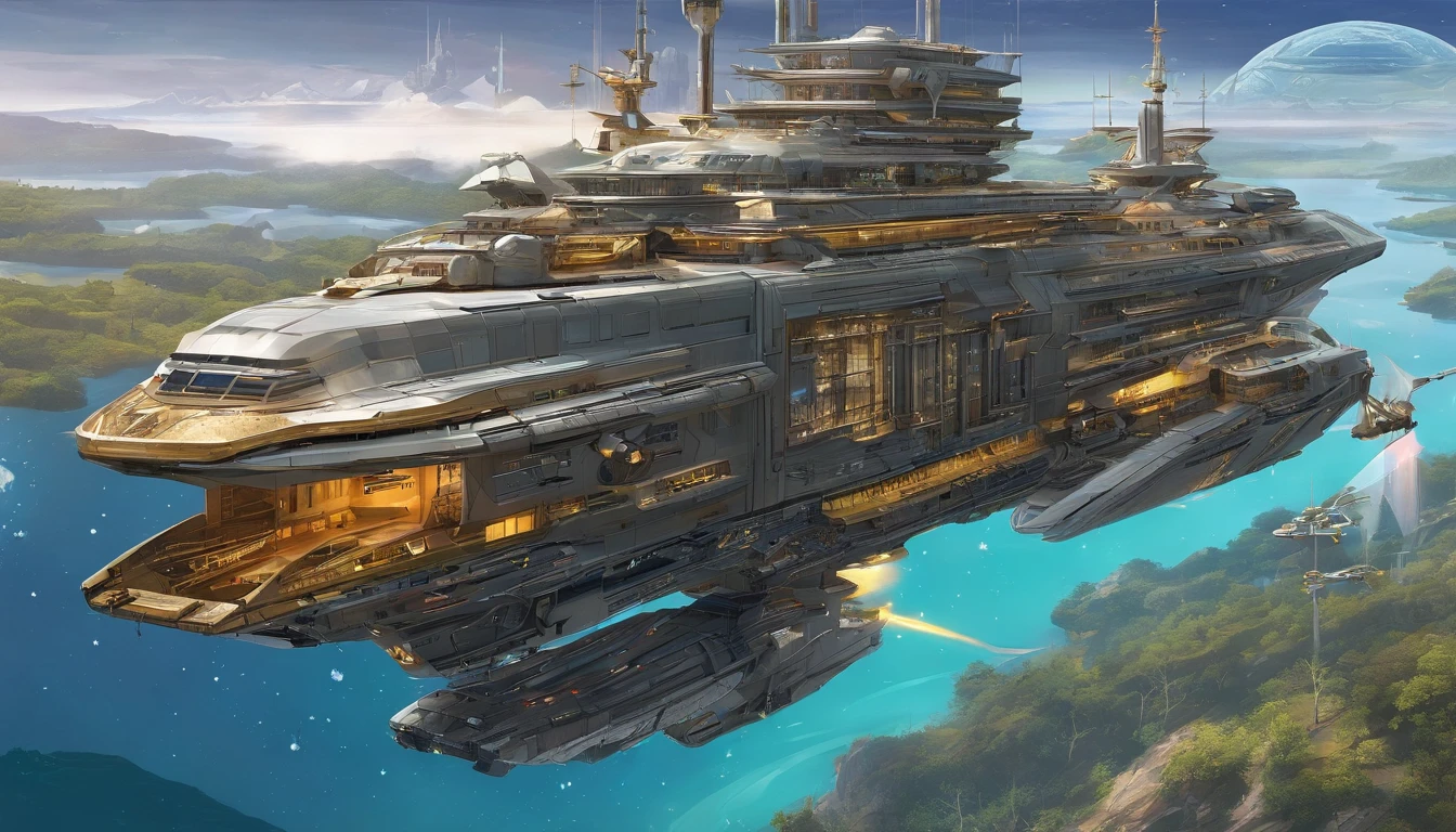 A amazingly detailed vision of a massive futuristic solorpunk starship, in the style of Leonardo Da Vinci & Winslow Homer, with a dark gold coloring and adorned in forest green. The cream colored crystalline nacelles located, at the back of the ship , at a 75° angle with a 72 ft diameter emit a neon yellow light.The ship's bridge measuring 108 ft in length, 72 ft wide 36 ft high showcases an diamond shaped G'Quan Heavy Battle Cruiser (from Babylon 5)design. The middle section, resembling a cylindrical 1974 Winnebago, stretches 72' high, 288 ft long, and 144 ft wide, angled at 75° down from the main bridge. The base section is 90° down from the mid section It resembles a streamlined Freightliner. It measures a whopping 576' long, 864ft wide, & 288ft high The starship is set against a captivating Titan-Earth-esque planet with six enchanting moons, surrounded by satellites and other ships traversing the cosmos.