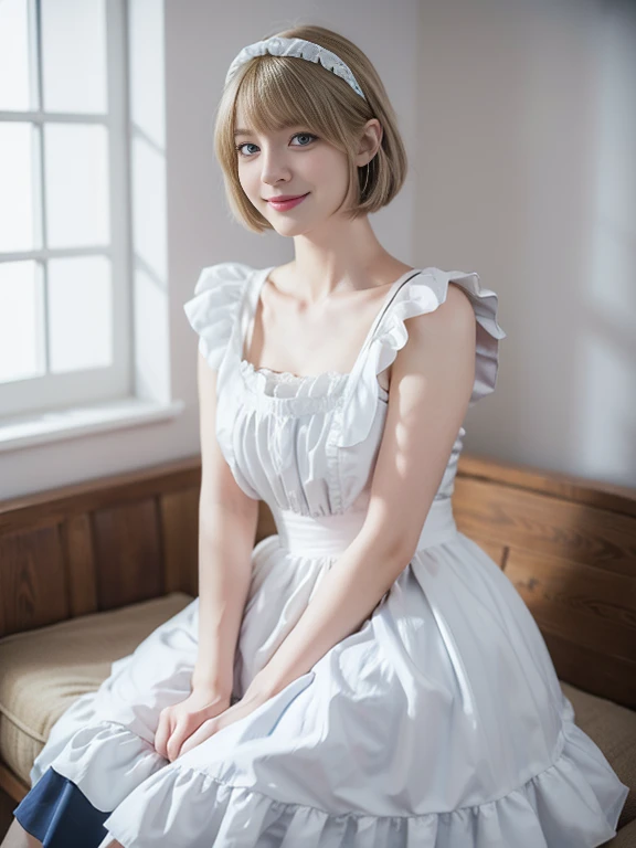 8K,Masterpiece,One woman,Smile,30 years old,blue eyes,Blonde Hair,Short Bob Hair,(Maid Dress),Ella Freya, a beautiful Dutch YouTuber(Ella Freya)